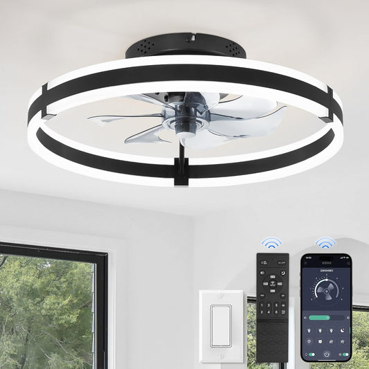 ZMISHIBO Low Profile 19.7'' Ceiling Fans with Lights and Remote, Black | 3000-6000K Dimmable LED Fandelier, Quiet DC Motor, Reversible Airflow, 6 Wind Speeds, Timer, Bedroom, Living Room, Kitchen