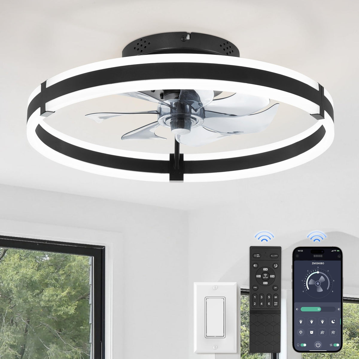 ZMISHIBO Low Profile 19.7'' Ceiling Fans with Lights and Remote, Black | 3000-6000K Dimmable LED Fandelier, Quiet DC Motor, Reversible Airflow, 6 Wind Speeds, Timer, Bedroom, Living Room, Kitchen