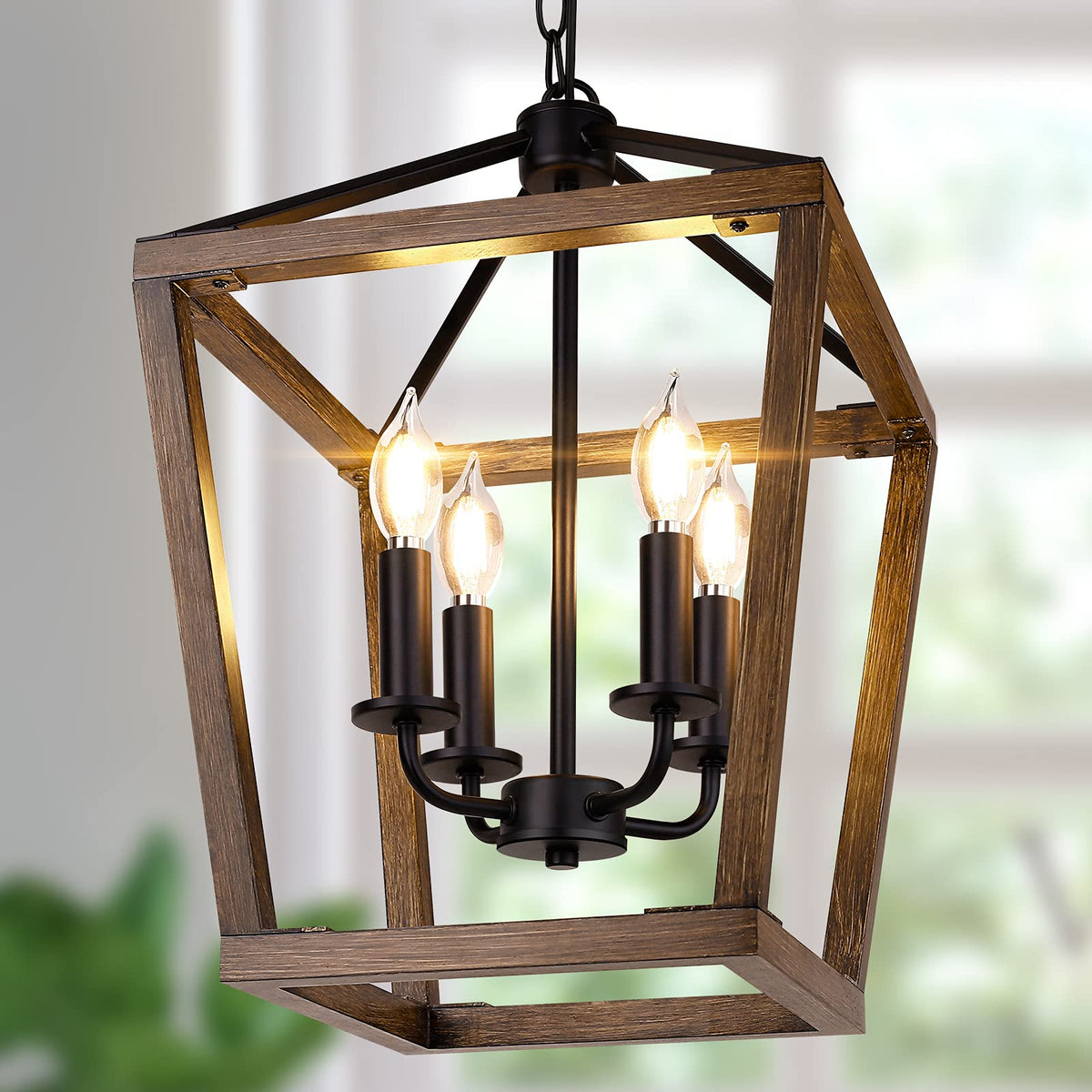 Black Farmhouse Chandelier, 4-Light Foyer Lighting Fixtures for Dining Room | Industrial Kitchen Lantern chandelier Over Table, Pendant Island Ceiling Light for Entryway, Metal Cage Adjustable Height