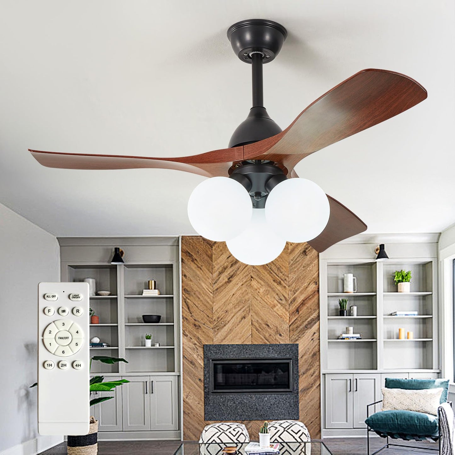 Outdoor Ceiling Fan with Light: 52 Inch 3 Blade Outdoor Fans for Patios - Modern Plastic Walnut Ceiling Fan with Dimmable Light Remote Control Ultra Quiet Reversible DC Motor Timer