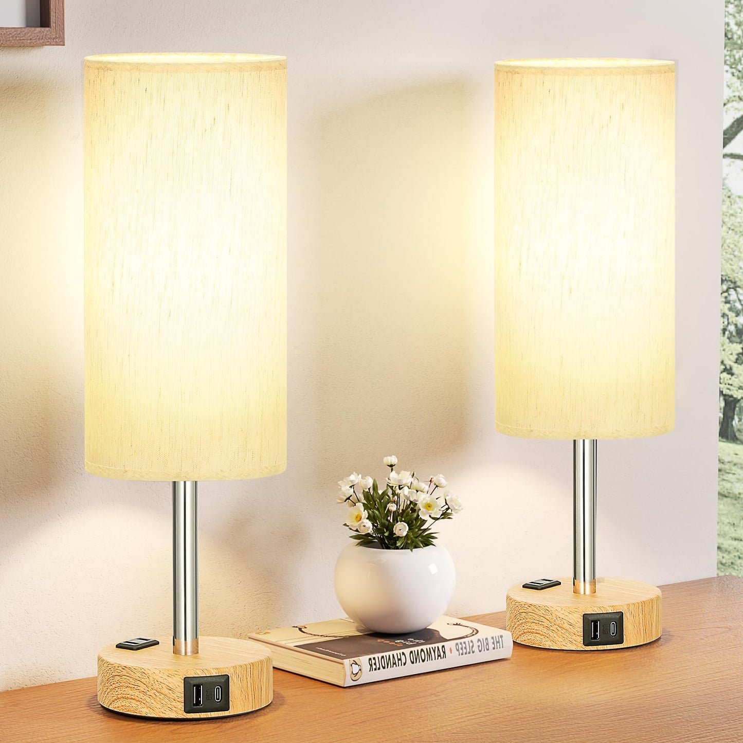 Bedside Table Lamp for Bedroom - Dimmable Touch, USB A+C, AC Outlet | 3-Way Dimmable, LED Bulb Included, Fabric Lampshade, Wood-Grain Metal Base, 14" Small Nightstand Lamp for Desk, Living Room