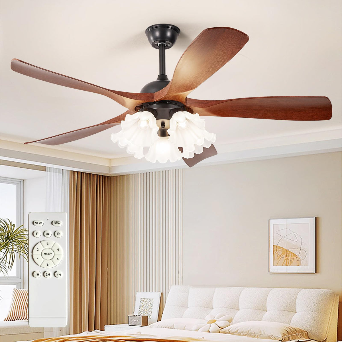 Outdoor Ceiling Fan with Light: 52 Inch 3 Blade Outdoor Fans for Patios - Modern Plastic Walnut Ceiling Fan with Dimmable Light Remote Control Ultra Quiet Reversible DC Motor Timer