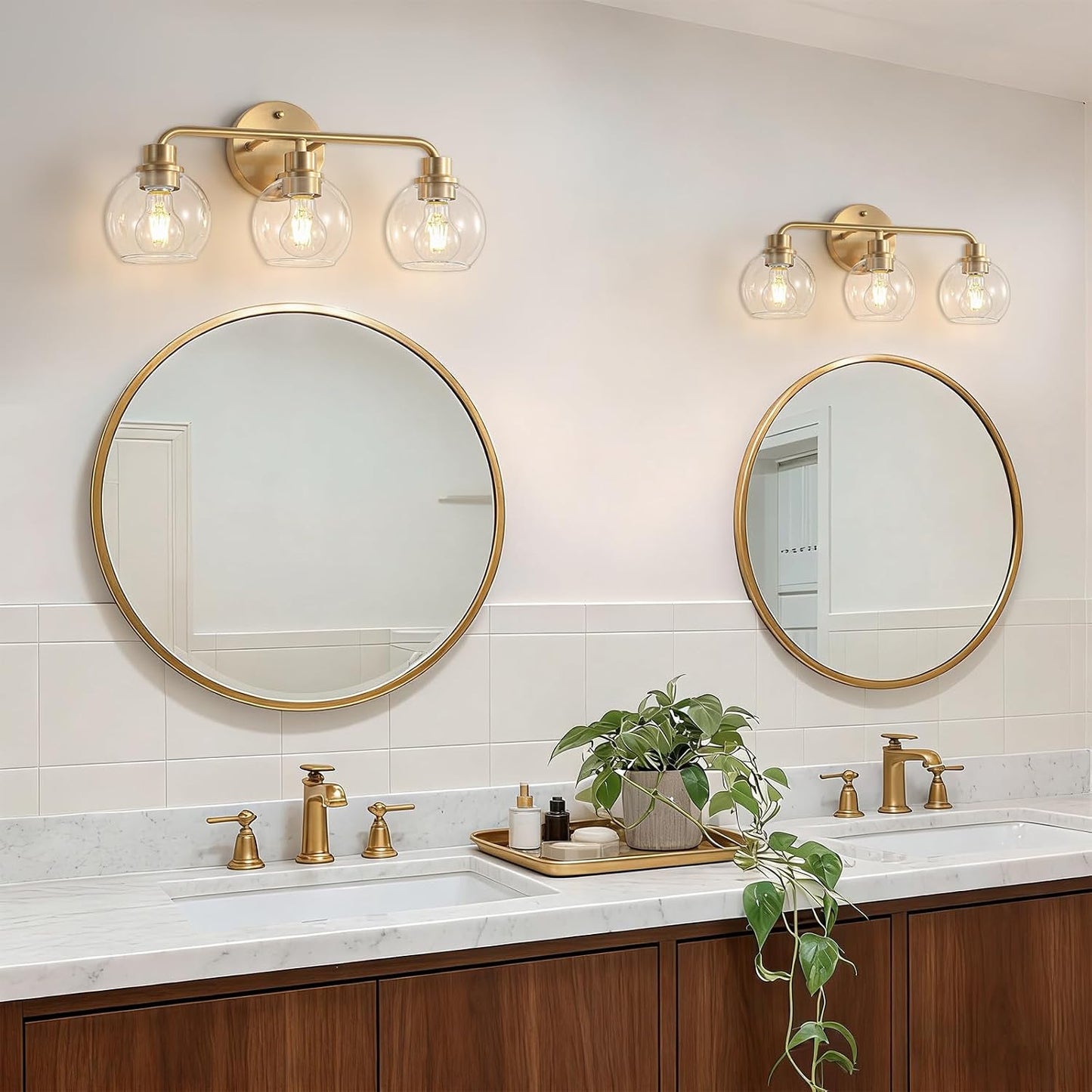 Bathroom Light Fixtures Gold Vanity Light 3 Light Brushed Brass | Wall Sconces Lighting with Clear Globe Glass Shades Bath Wall Lamp for Mirror Kitchen Living Room Bedroom Hallway