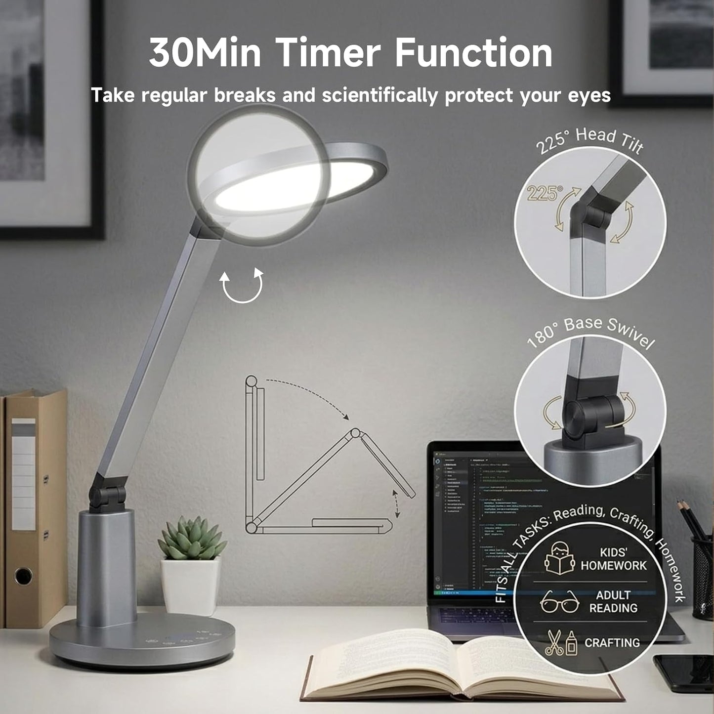 Desk Lamp for Home Office, Eye-Caring Diffused Table Lamp, 3 Colors & Dimmable Computer Lamp with Timer Function, Metal Swing Arm Reading Light