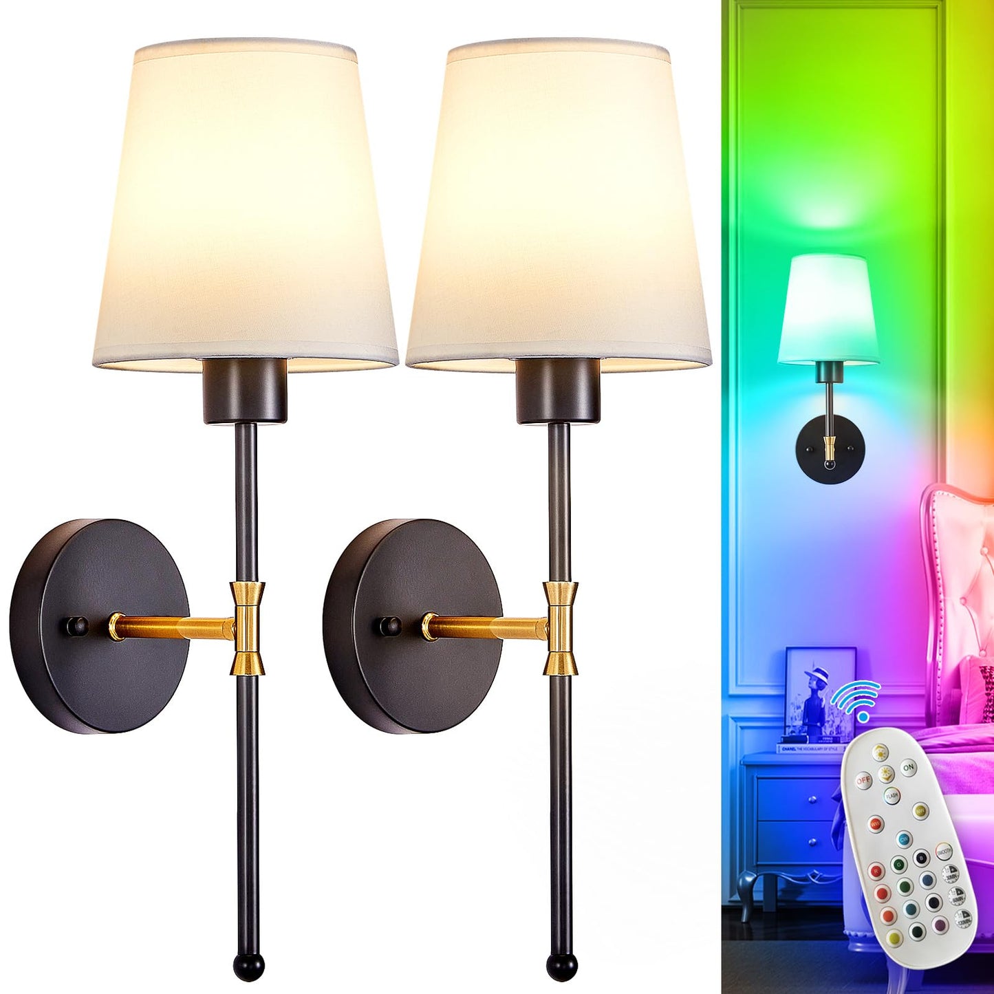 Depuley Battery Operated Wall Sconce: Set of 2 Wireless Wall Lights with 10000mAh Dimmable Bulbs and Remote for Bedroom - Rechargeable 15 Colors Gold Wall Lamp for Living Room Hallway