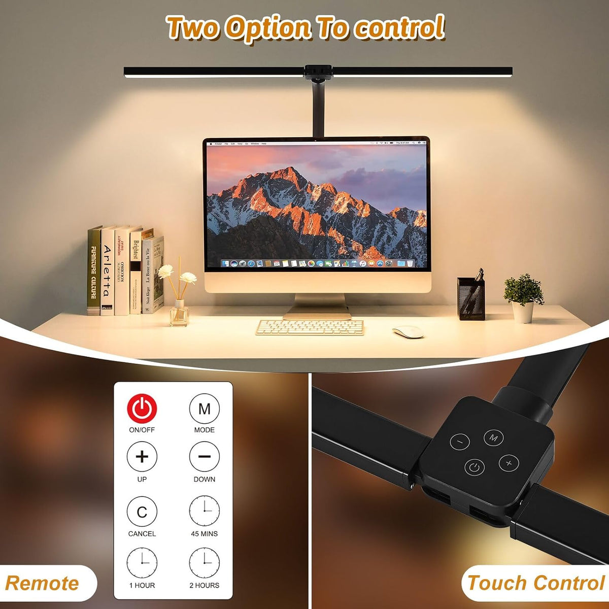 LED Desk Lamp with Clamp, Dual Head Monitor Light, Remote | 24W Dimmable Eye-Caring Task Lamp with Timer, Anti-Glare Cover and Gooseneck for Home Office Dorm Workbench and Study