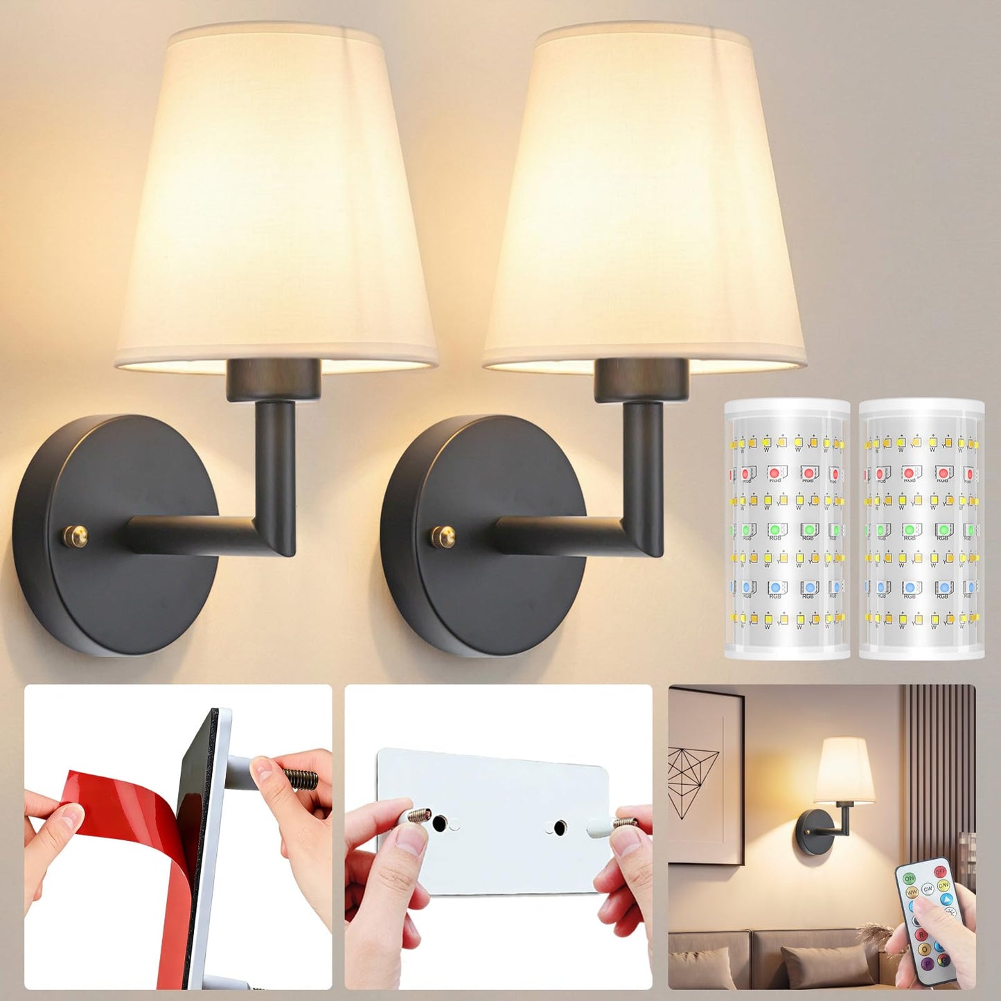 Nekhung Battery Operated Wall Sconce, Peel and Stick Sconces Set of 2 | Wireless Adhesive Stick On Wall Sconce, 10000mAh Rechargeable RGB Bulb with Remote, No Drill Wall Light for Bedroom Decor