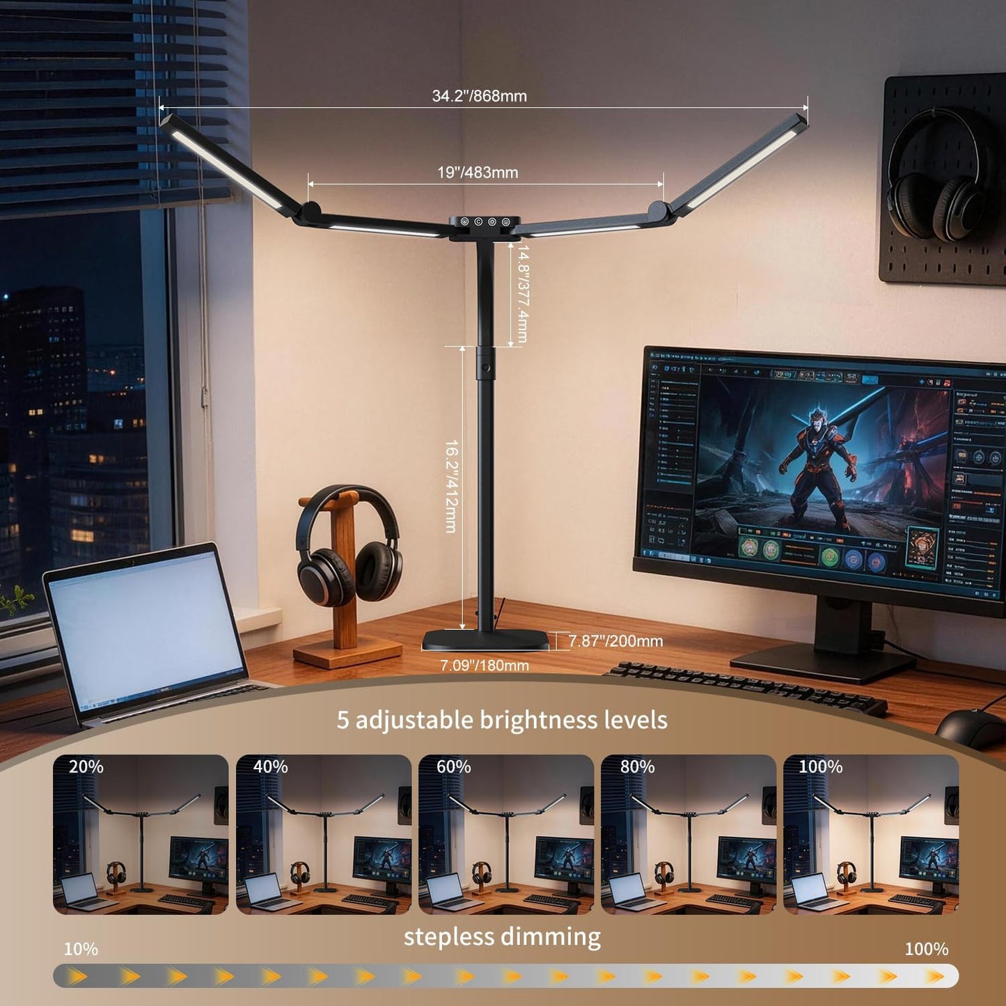 Omorepa 4 Light Bar Design Goose-Neck Desk Lamp with Base,24W Bright Led Tall Overhead Desk Light for Home Office,Eye Care Reading Table Light for Desktop Working,Drafting,Reading