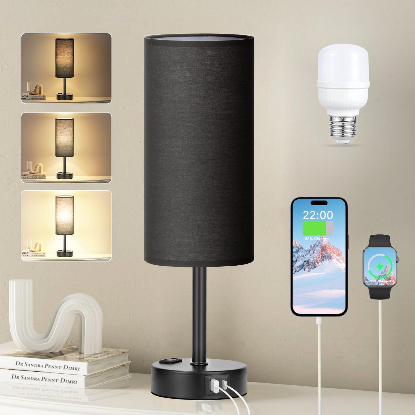 Bedside Table Lamp for Bedroom - Dimmable Touch, USB A+C, AC Outlet | 3-Way Dimmable, LED Bulb Included, Fabric Lampshade, Wood-Grain Metal Base, 14" Small Nightstand Lamp for Desk, Living Room