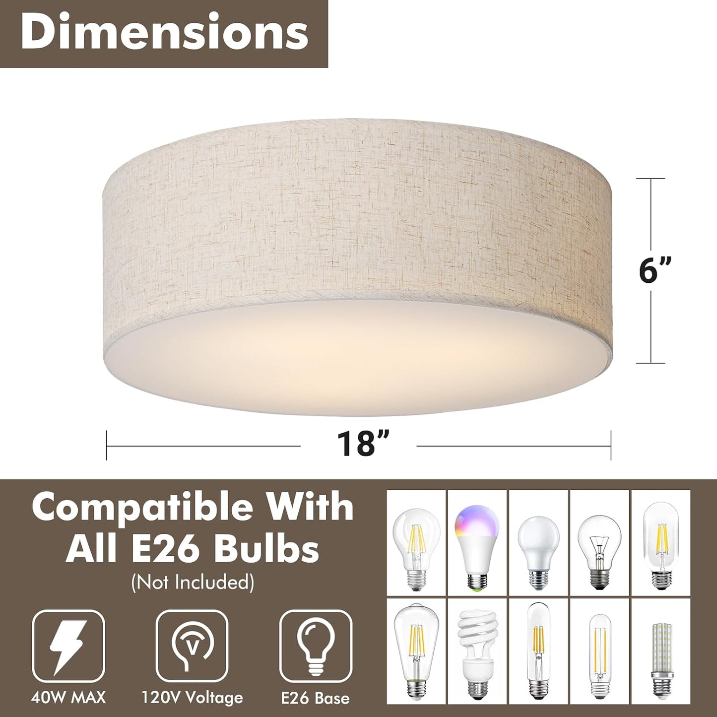 CALOKES 18-Inch Large Flush Mount Ceiling Light Fixture with Fabric Shade, Modern Drum Closed to Ceiling Lighting for Living Dining Room, Bedroom, Kitchen, Foyer - Farmhouse 3-Light Lamp & Chandelier