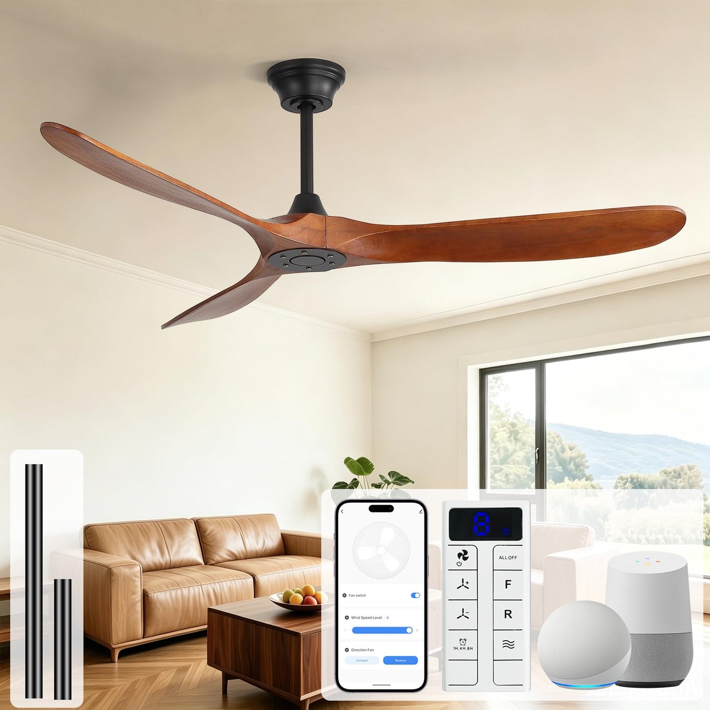 Sofucor 52 Inch Wood Ceiling Fans with Lights and Remote, Indoor/Outdoor | Modern, 3 Blade, Quiet Reversible DC Motor, 3CCT Dimmable, 6 Speeds, Timer, Bedroom/Living Room/Patio/Kitchen, Natural Wood