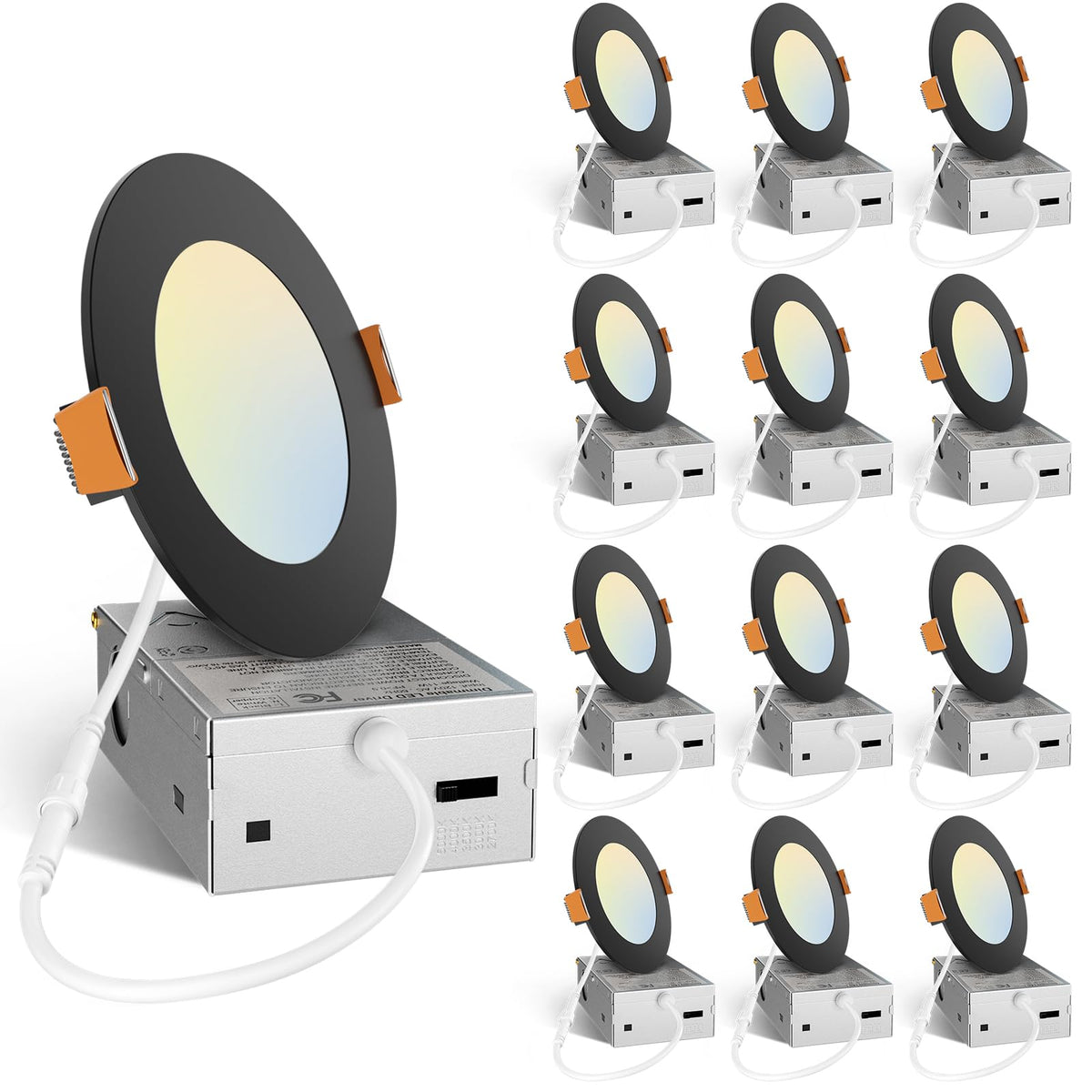 Amico 12 Pack 6 Inch LED Recessed Lighting, Canless Wafer Downlight, White | 5CCT 2700K-5000K, 5%-100% Dimmable, Ultra-thin, Metal housing, 1050LM 12W 120V, IC & Damp Rated, ETL & FCC, 50000h Life Span