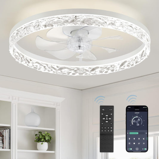 LEDIARY 20" Modern Ceiling Fans with Lights and Remote, White Fandelier | Dimmable Low Profile, Flush Mount Ceiling Fan, Stepless Color Temperature Change, 6 Speeds, Bedroom, Living Room, Kitchen