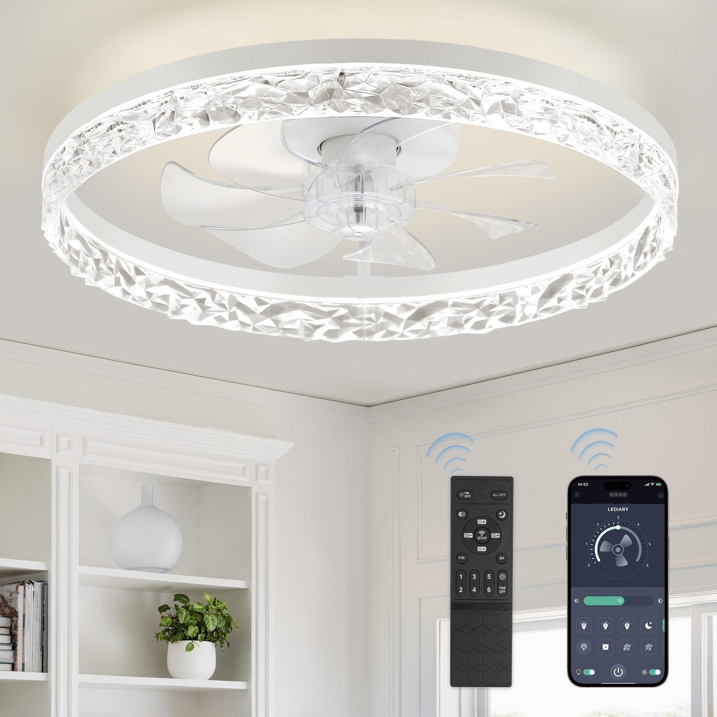 LEDIARY 20" Modern Ceiling Fans with Lights and Remote, White Fandelier | Dimmable Low Profile, Flush Mount Ceiling Fan, Stepless Color Temperature Change, 6 Speeds, Bedroom, Living Room, Kitchen