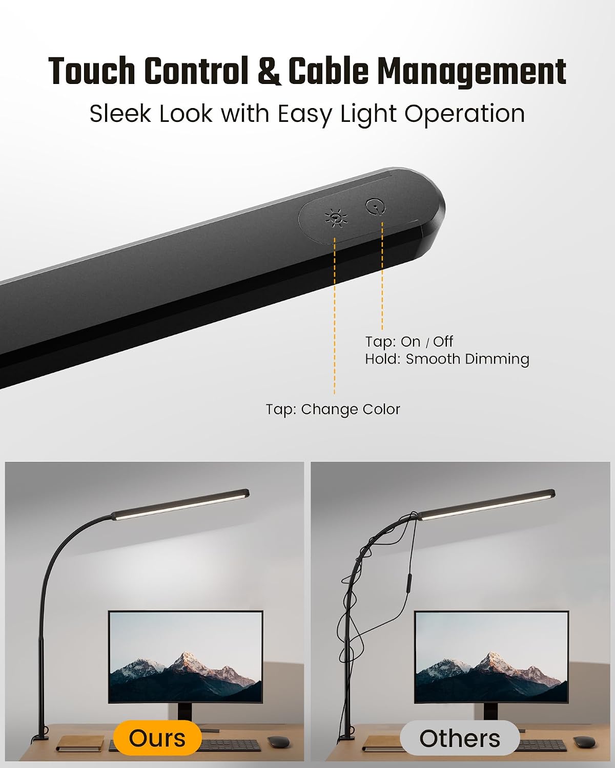SUPERDANNY Eye-Caring LED Desk Lamp Work Lamp Office Lamp with Side Clamp | Black, Touch Control, 360° Flexible Gooseneck, 3 Modes Smooth Dimming, Memory Function, Adapter, Metal, for Home Office Dorm