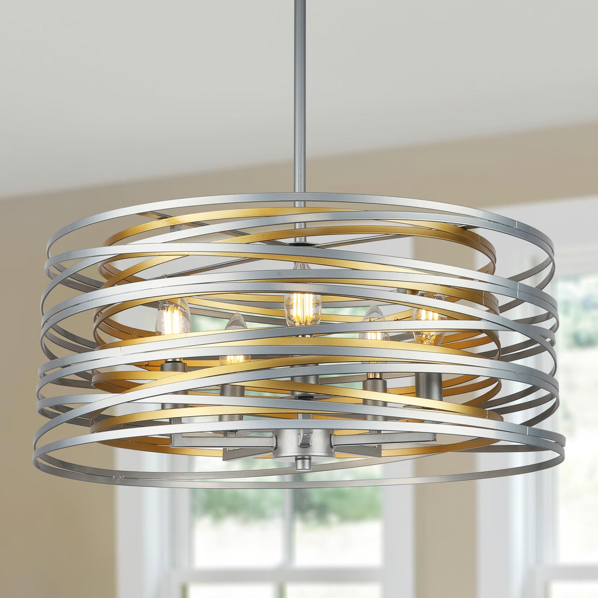 12.6'' Farmhouse Chandeliers for Dining Room, 3-Light Industrial Metal Hanging Light Fixture, Rustic Drum Pendant Light for Entryway Kitchen Foyer Bedroom, Black with Retro Wood Texture Interior