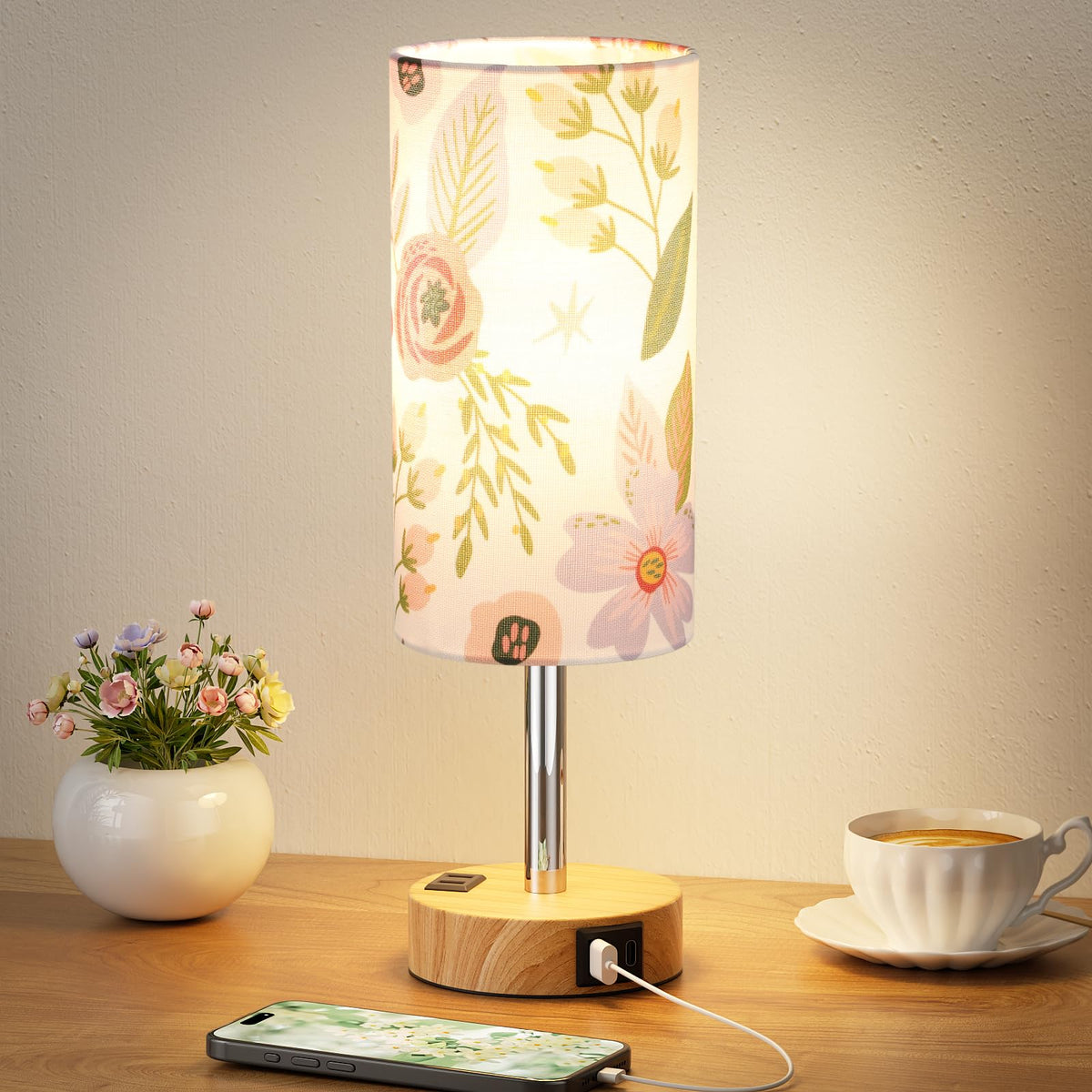 Bedside Table Lamp for Bedroom - Dimmable Touch, USB A+C, AC Outlet | 3-Way Dimmable, LED Bulb Included, Fabric Lampshade, Wood-Grain Metal Base, 14" Small Nightstand Lamp for Desk, Living Room