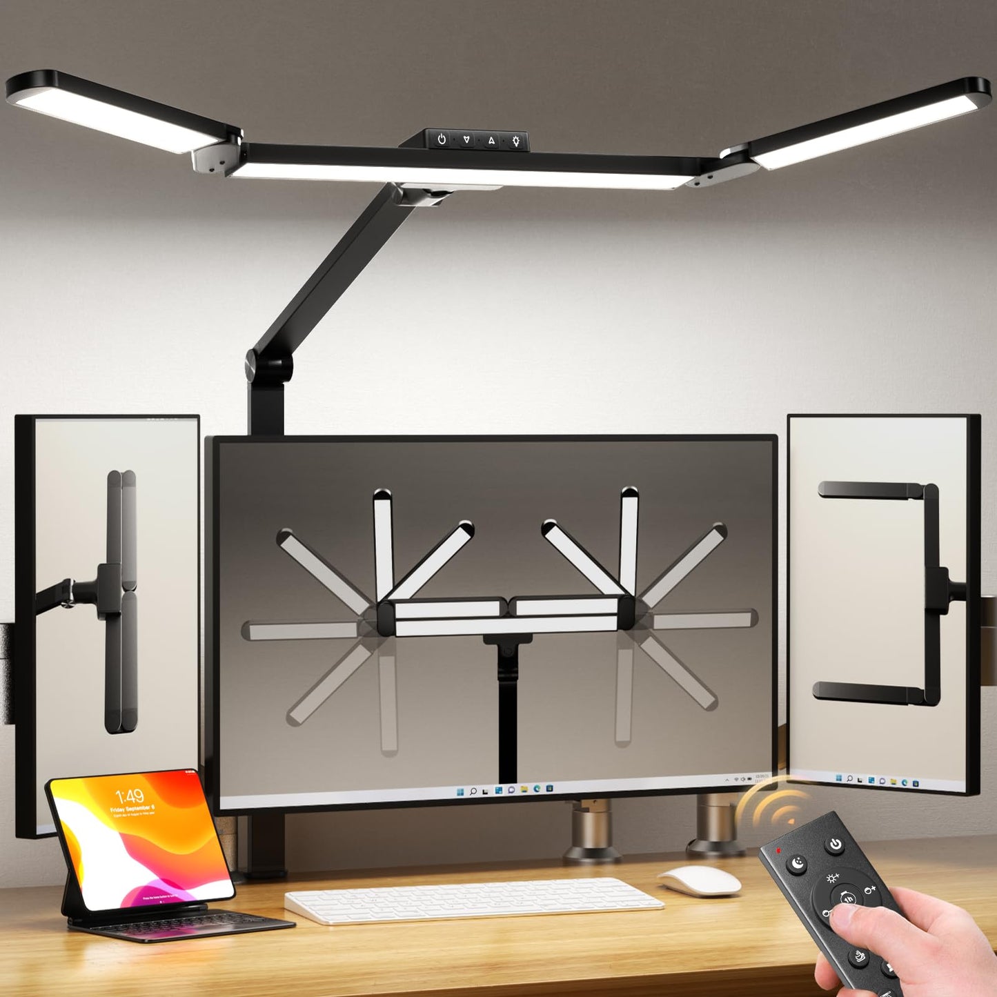 Airlonv LED Desk Lamp with Clamp, 17" Stepless Dimming Light, Black | 2700K-6500K, 100 LEDs, 360° Gooseneck, Fits Up to 30" Monitors, Flicker-Free Lighting for Home Office, Study& Workbench