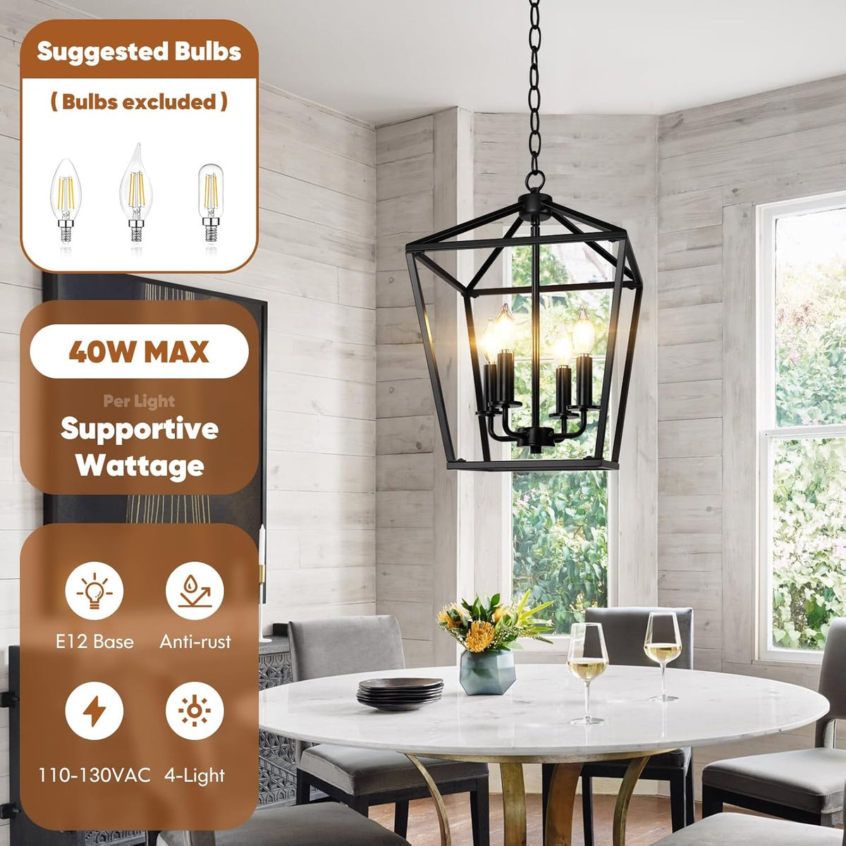 Black Farmhouse Chandelier, 4-Light Foyer Lighting Fixtures for Dining Room | Industrial Kitchen Lantern chandelier Over Table, Pendant Island Ceiling Light for Entryway, Metal Cage Adjustable Height