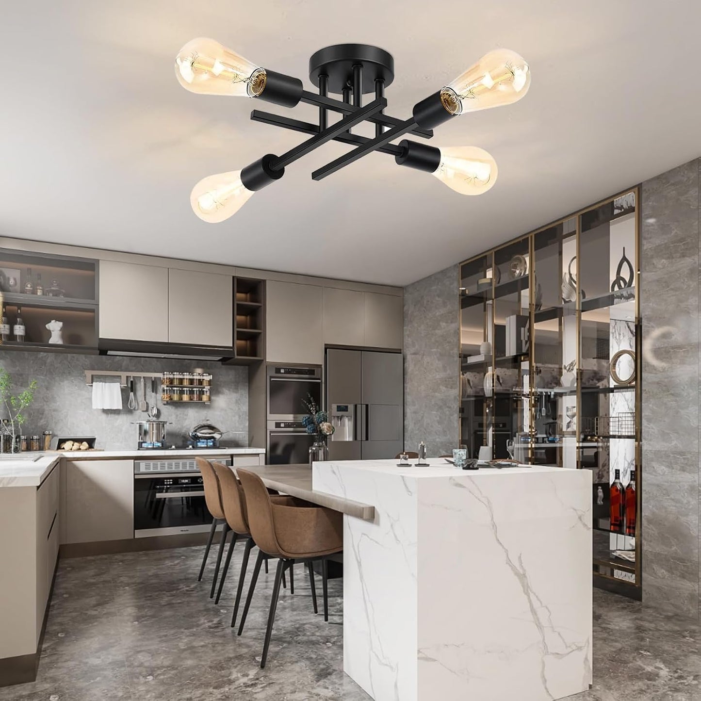 Ceiling Light, 4-Light Matte Black Semi Flush Mount Ceiling Light Fixture | Modern Dining Room Light Fixture with E26 Base,Kitchen Lighting Fixtures Ceiling, Sputnik Chandelier for Bedroom Living Room