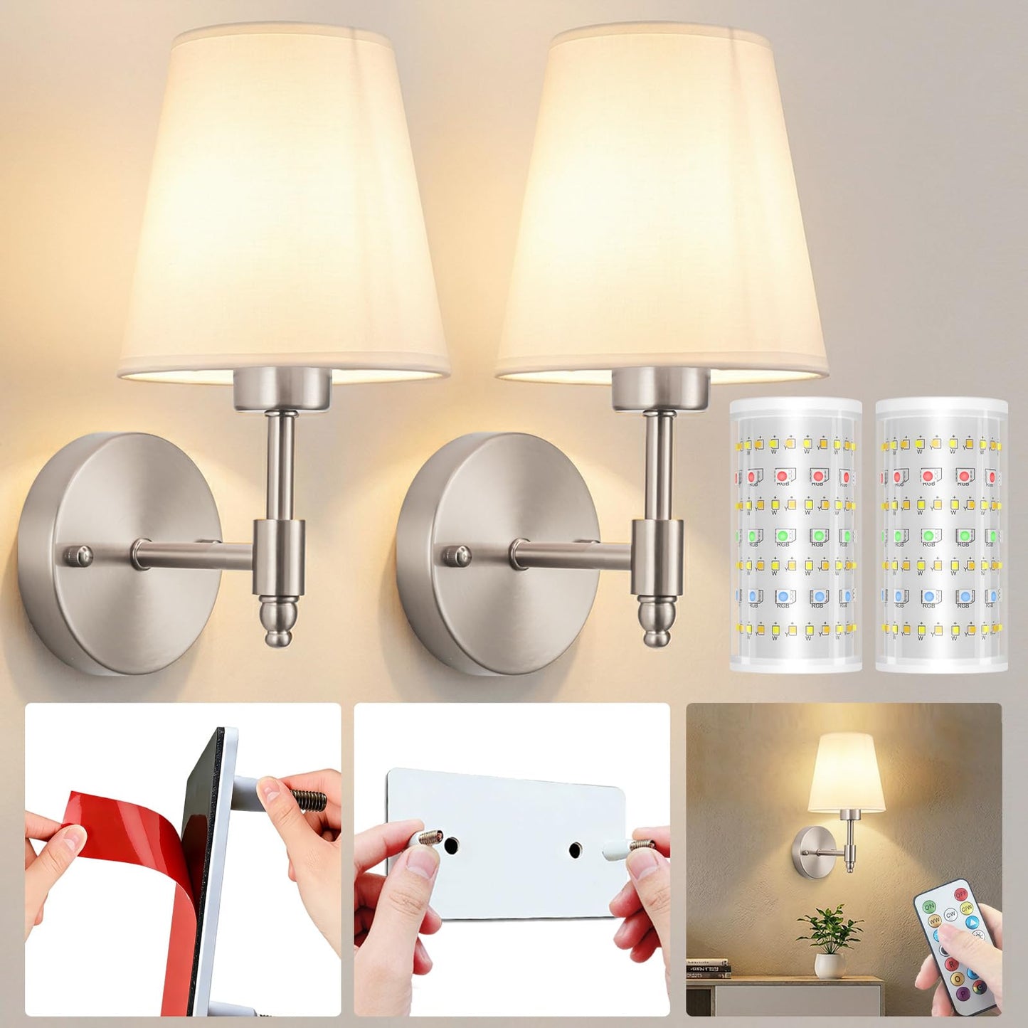 Nekhung Battery Operated Wall Sconce, Peel and Stick Sconces Set of 2 | Wireless Adhesive Stick On Wall Sconce, 10000mAh Rechargeable RGB Bulb with Remote, No Drill Wall Light for Bedroom Decor