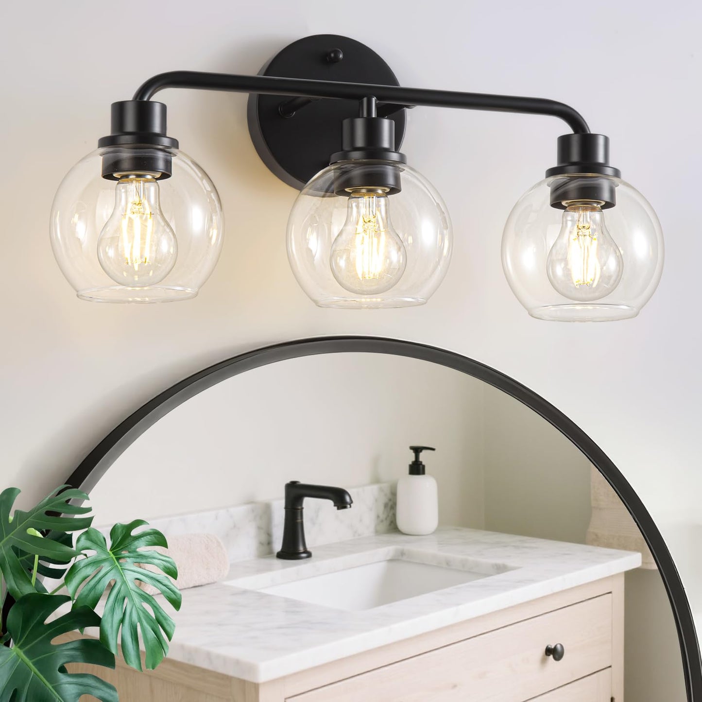 Bathroom Light Fixtures Gold Vanity Light 3 Light Brushed Brass | Wall Sconces Lighting with Clear Globe Glass Shades Bath Wall Lamp for Mirror Kitchen Living Room Bedroom Hallway