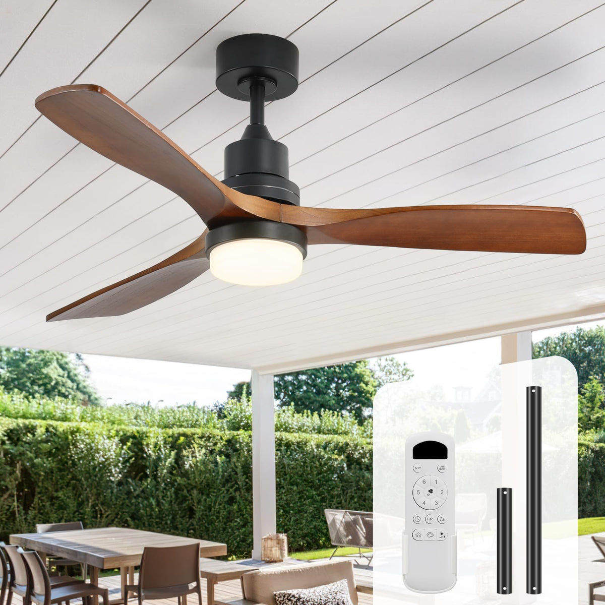 Sofucor 52 Inch Wood Ceiling Fans with Lights and Remote, Indoor/Outdoor | Modern, 3 Blade, Quiet Reversible DC Motor, 3CCT Dimmable, 6 Speeds, Timer, Bedroom/Living Room/Patio/Kitchen, Natural Wood