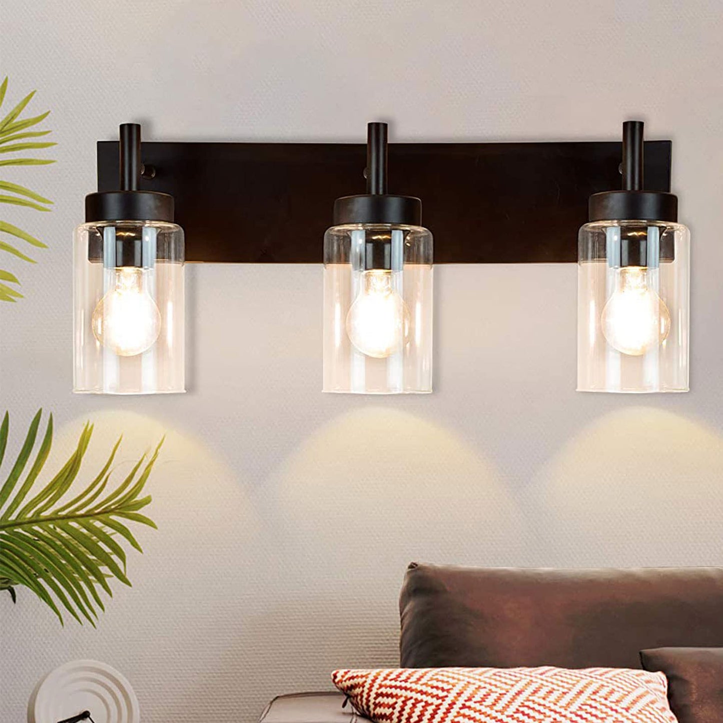 DLLT 3-Light Bathroom Light Fixtures: Set of 2 Black Modern Vanity Lights with Clear Glass Shade - 18.51" Bathroom Wall Lamp for Mirror Kitchen Living Room