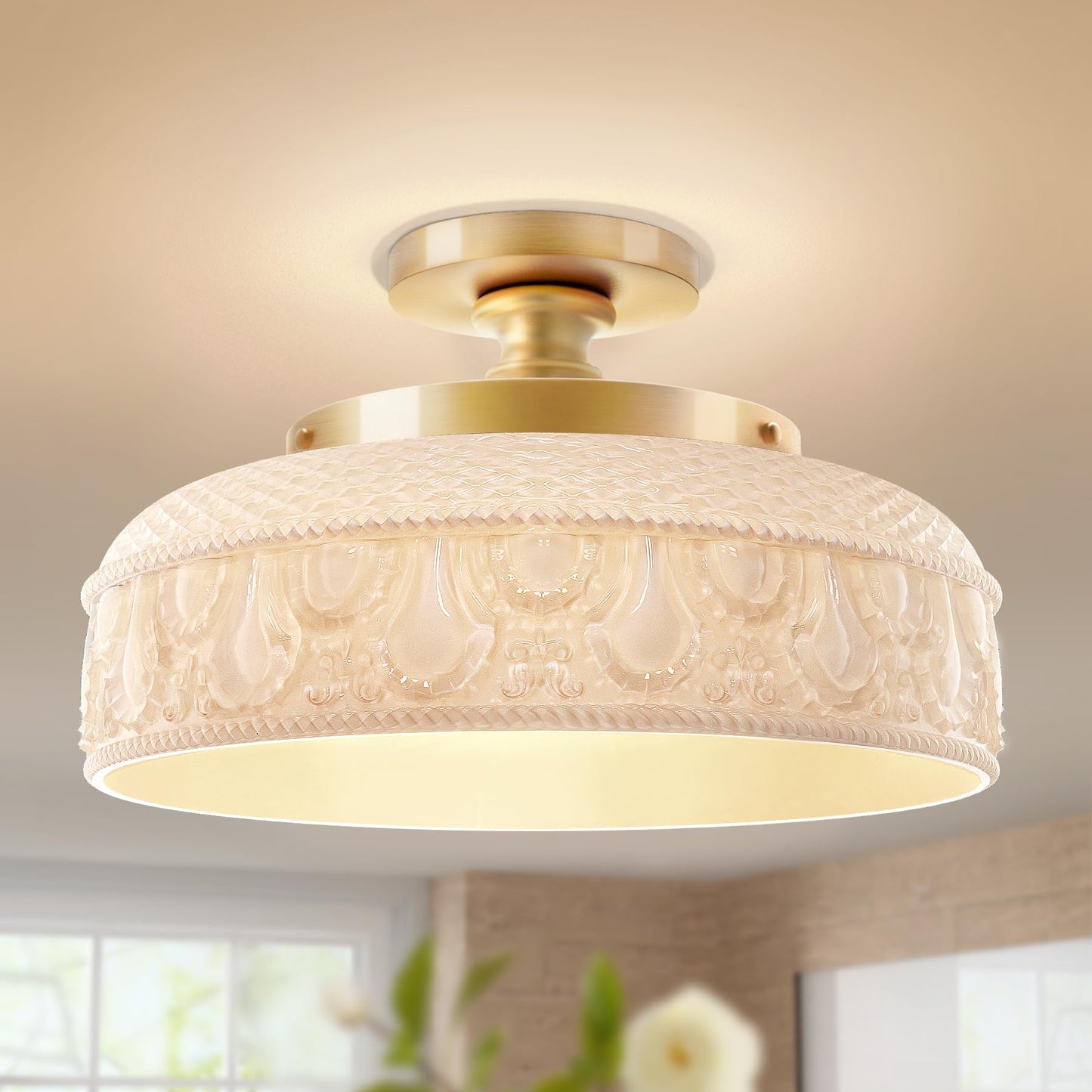 Lamomo Semi Flush Mount Ceiling Light, Golden Hallway Fixture, 12in | 3 Bulb Globe Glass Close to Sconce, kitchen lights, Indoor Hanging Lamp for Bedroom Kitchen Porch Hallway, Bulbs Not Included