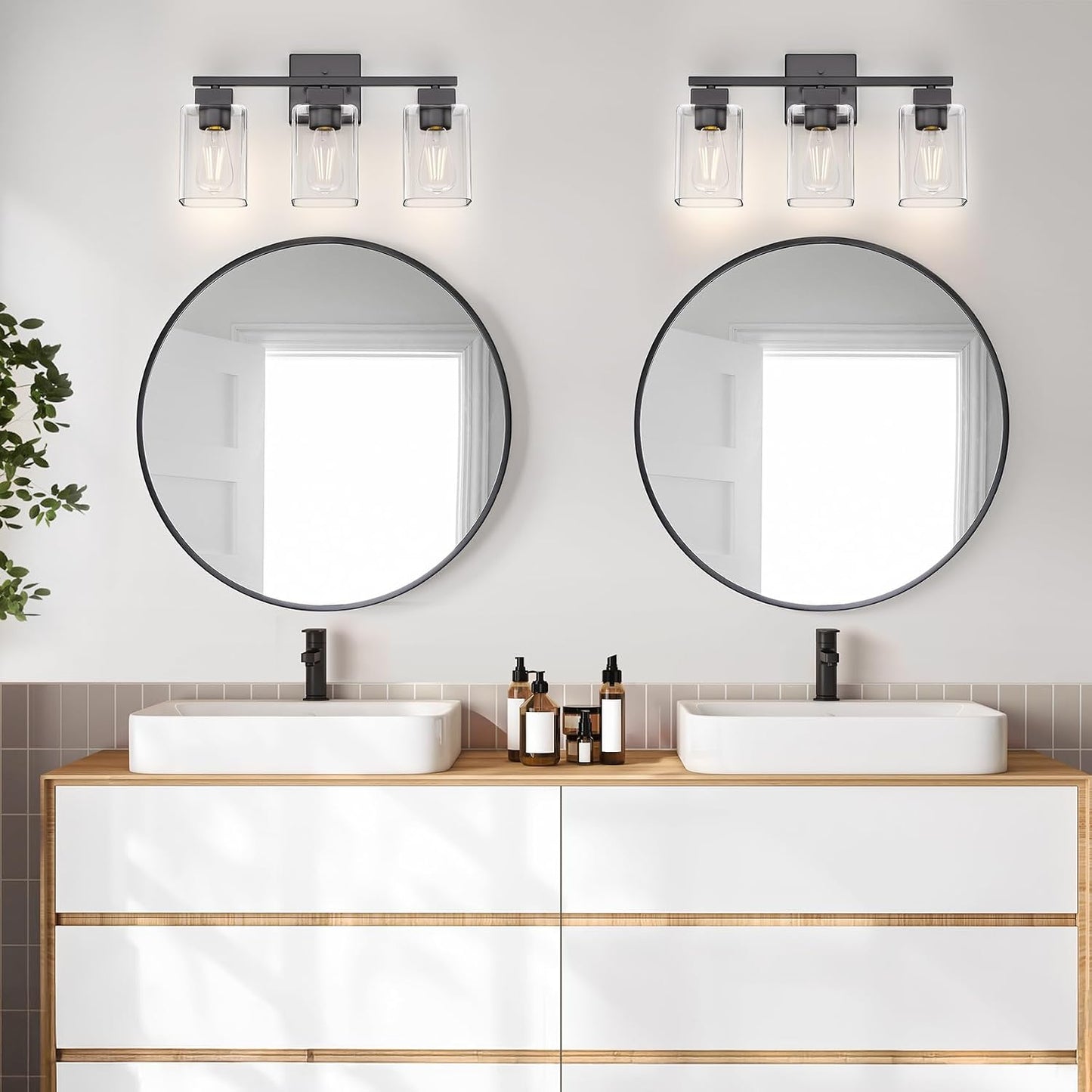 Matte Black Bathroom Vanity Light, 3-Light Vanity Lighting fixtures Over Mirror, Square Design & UL Certification, Wall Sconces with Clear Glass Shades, E26 Socket (Bulbs Not Included)