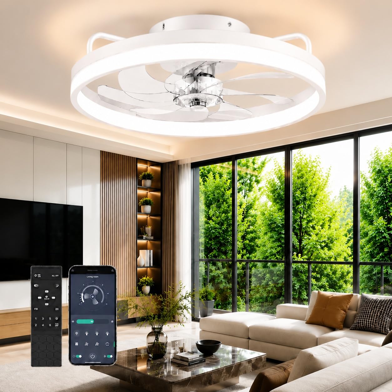 Ceiling Fans with Lights and Remote - 20'' Low Profile Ceiling Fan | 1-6 Wind Speeds, Reversible, Timer, 3000-6500K Dimmable LED Fan Light, Modern Flush Mount Ceiling Fans for Bedroom, Kitchen