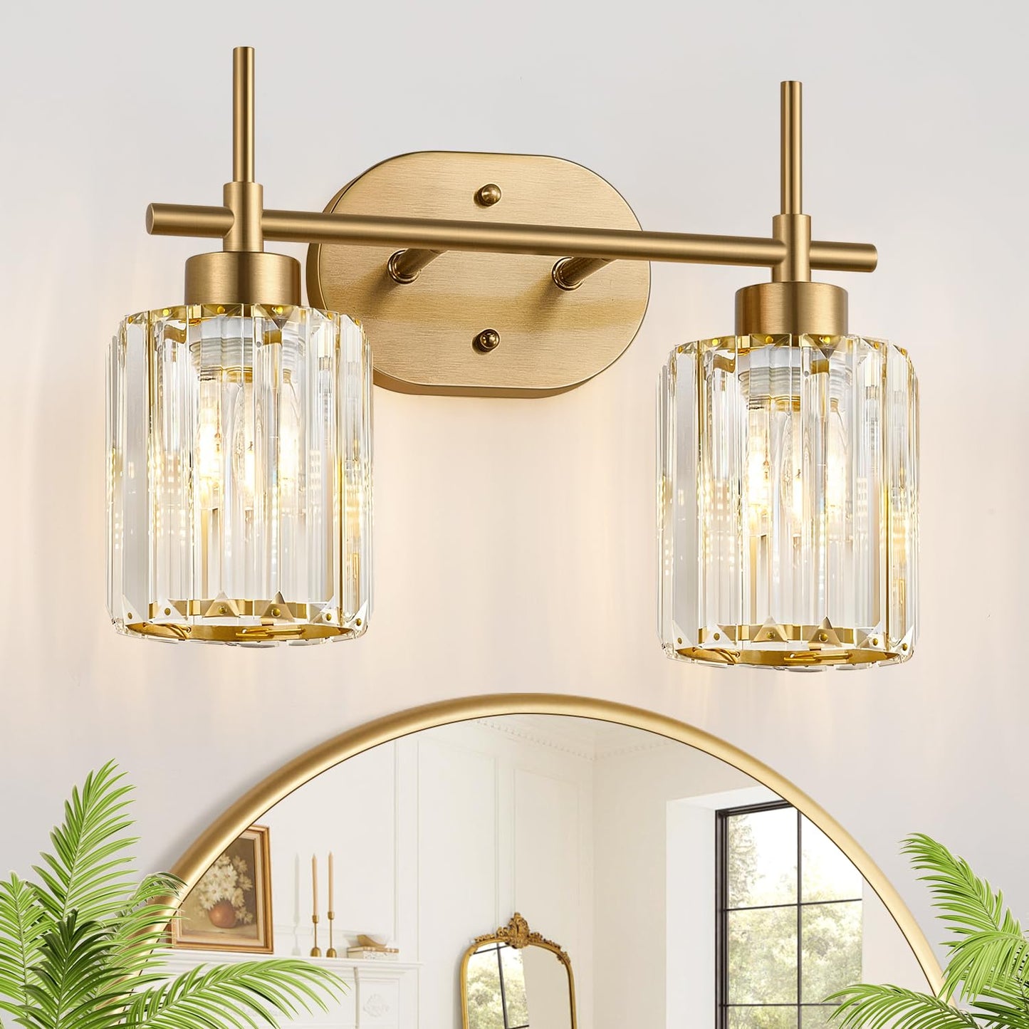 Modern Crystal Bathroom Vanity Light, 3-Light Brushed Gold Bathroom Light Fixtures with Clear Shades, Vanity Lighting Fixtures Over Mirror (Exclude Bulb)