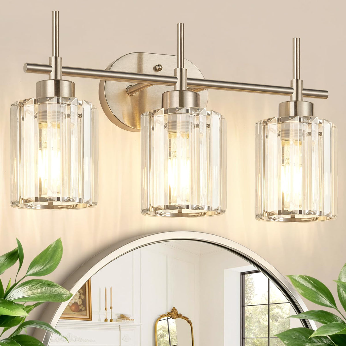 Modern Crystal Bathroom Vanity Light, 3-Light Brushed Gold Bathroom Light Fixtures with Clear Shades, Vanity Lighting Fixtures Over Mirror (Exclude Bulb)