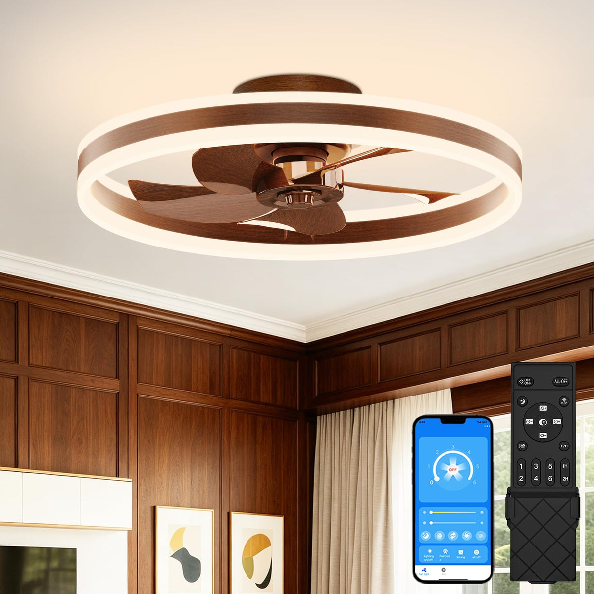 VOLISUN Low Profile Ceiling Fans with Lights and Remote, 27.6in Flush Mount Ceiling Fans with Light, 3000K-6500K Dimmable Fandelier LED Fan Light, Black Bladeless Ceiling Fans with Lights for Bedroom