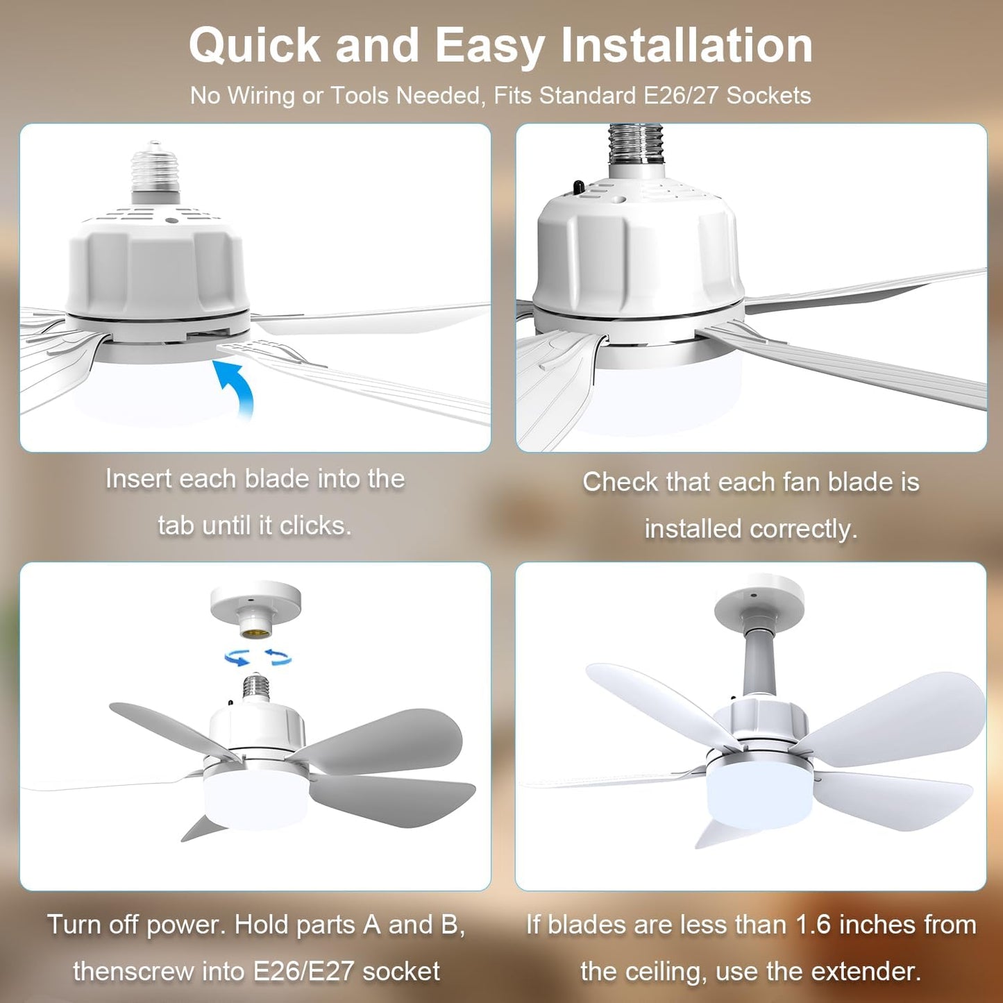 2Pack Socket Fan Light With Remote, Screw in Ceiling Fans with Dimmable Light, 3 Colors 3000K-6500K,Smart Ceiling Fan Light Kit Bulb for Bedroom Living Room Kitchen Garage Dinning Room