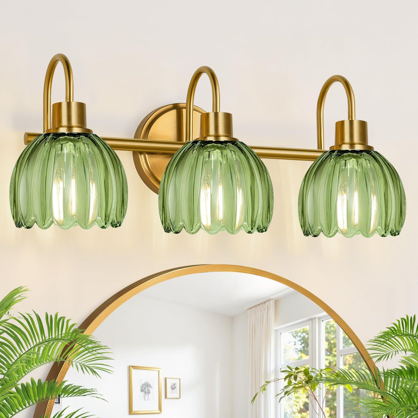 Bathroom Light Fixtures, 3-Light Brushed Gold Vanity Lights for Bathroom with Ribbed Amber Tulip Glass Shade, 20 in Bathroom Vanity Lights Over Mirror for Bedroom, Living Room, Hallway