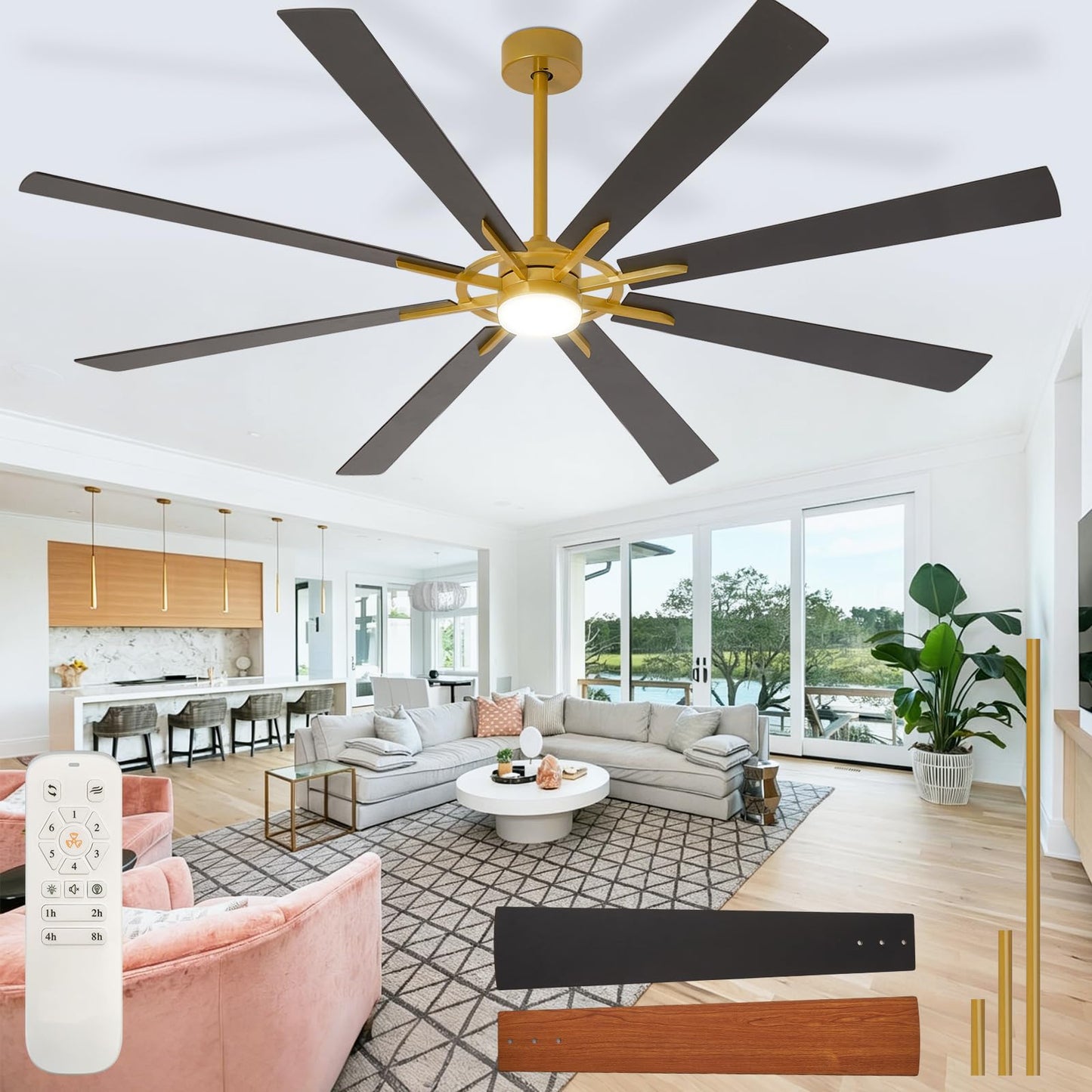 Large Ceiling Fans with Lights: Modern 72 Inch 8 Blade Outdoor Ceiling Fan with Remote APP Control - Dimmable Black Big Fan Light Indoor Reversible 6 Speed Quiet DC Motor