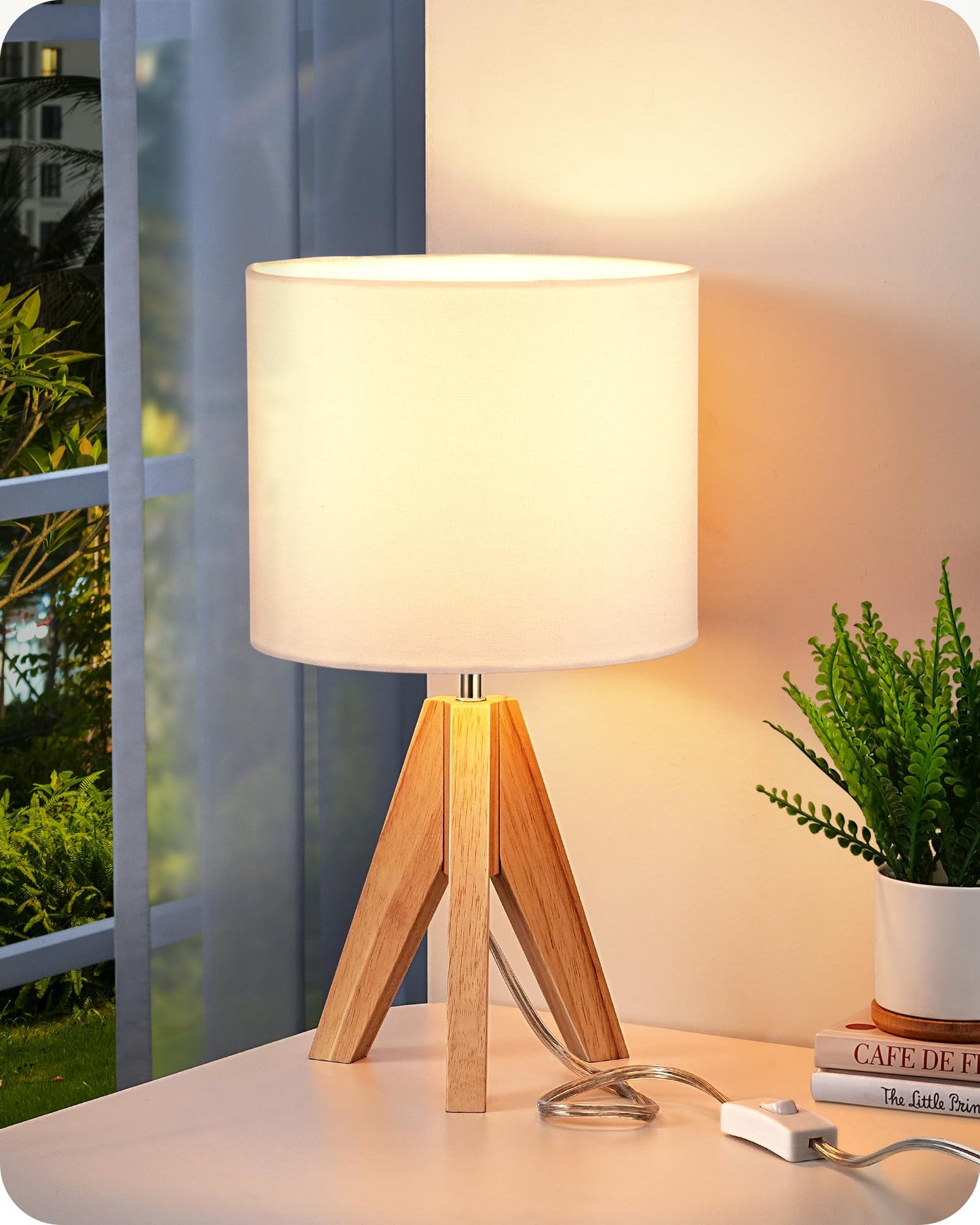 EDISHINE Tripod Table Lamp, Small Cute Bedside Lamp, 14.2 Inch, E26 Base | Light Brown Wooden Base, Linen Beige Lampshade, Nightstand Lamp for Nursery, Bedroom, Kid Room, Living Room