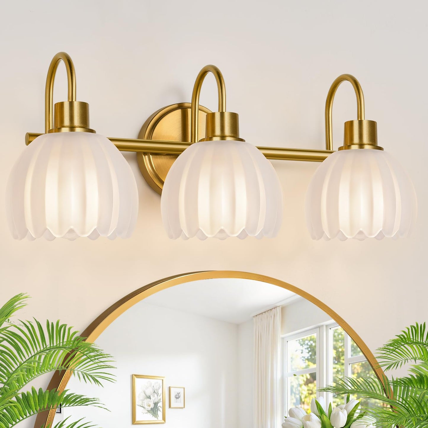 Bathroom Light Fixtures, 3-Light Brushed Gold Vanity Lights for Bathroom with Ribbed Amber Tulip Glass Shade, 20 in Bathroom Vanity Lights Over Mirror for Bedroom, Living Room, Hallway