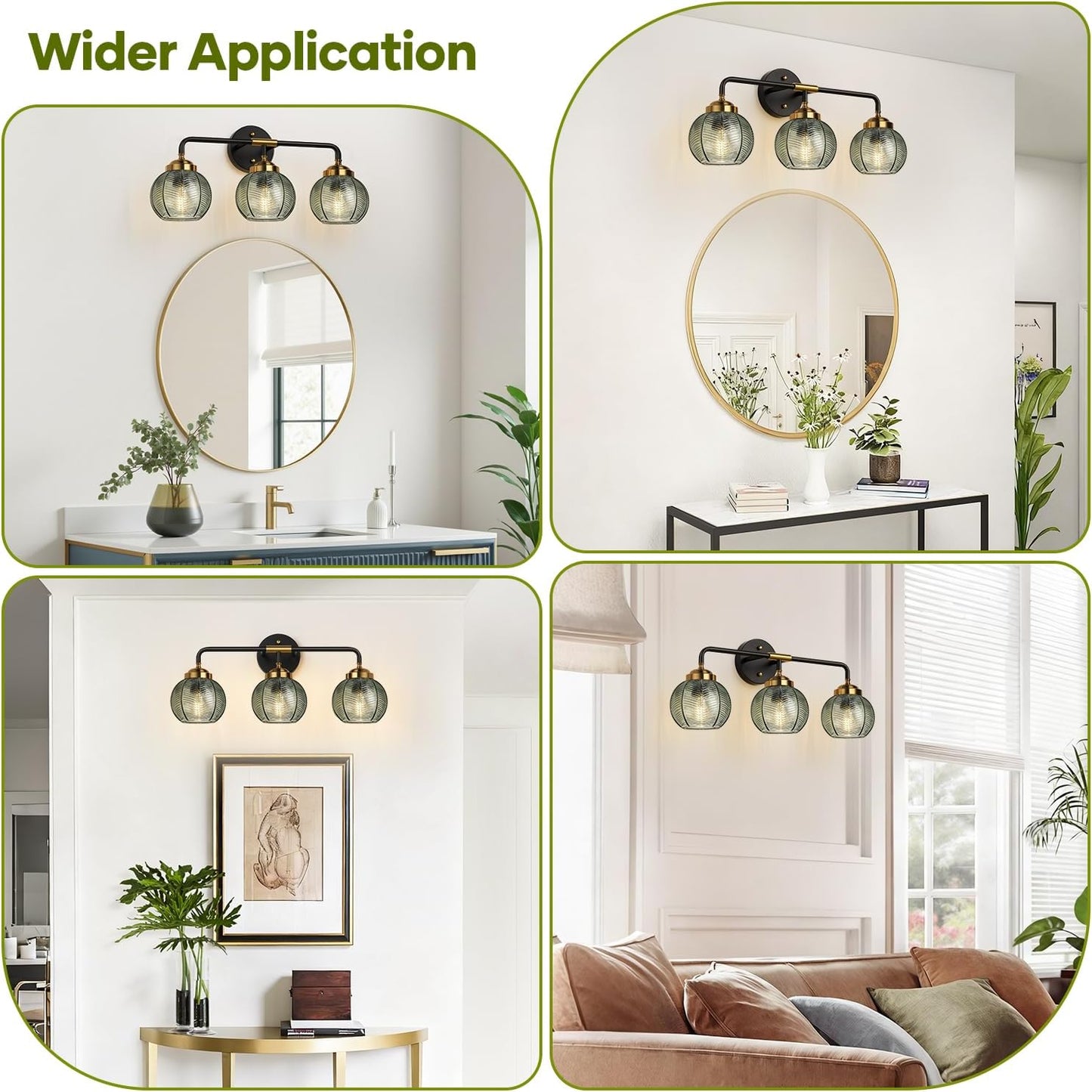 MOKATNG Bathroom Light Fixtures, 3-Light Green Vanity Lights with Unique Leaf Texture Glass Shade, Modern Matte Black and Gold Bathroom Wall Lamp for Mirror Hallway Cabinet Living Room