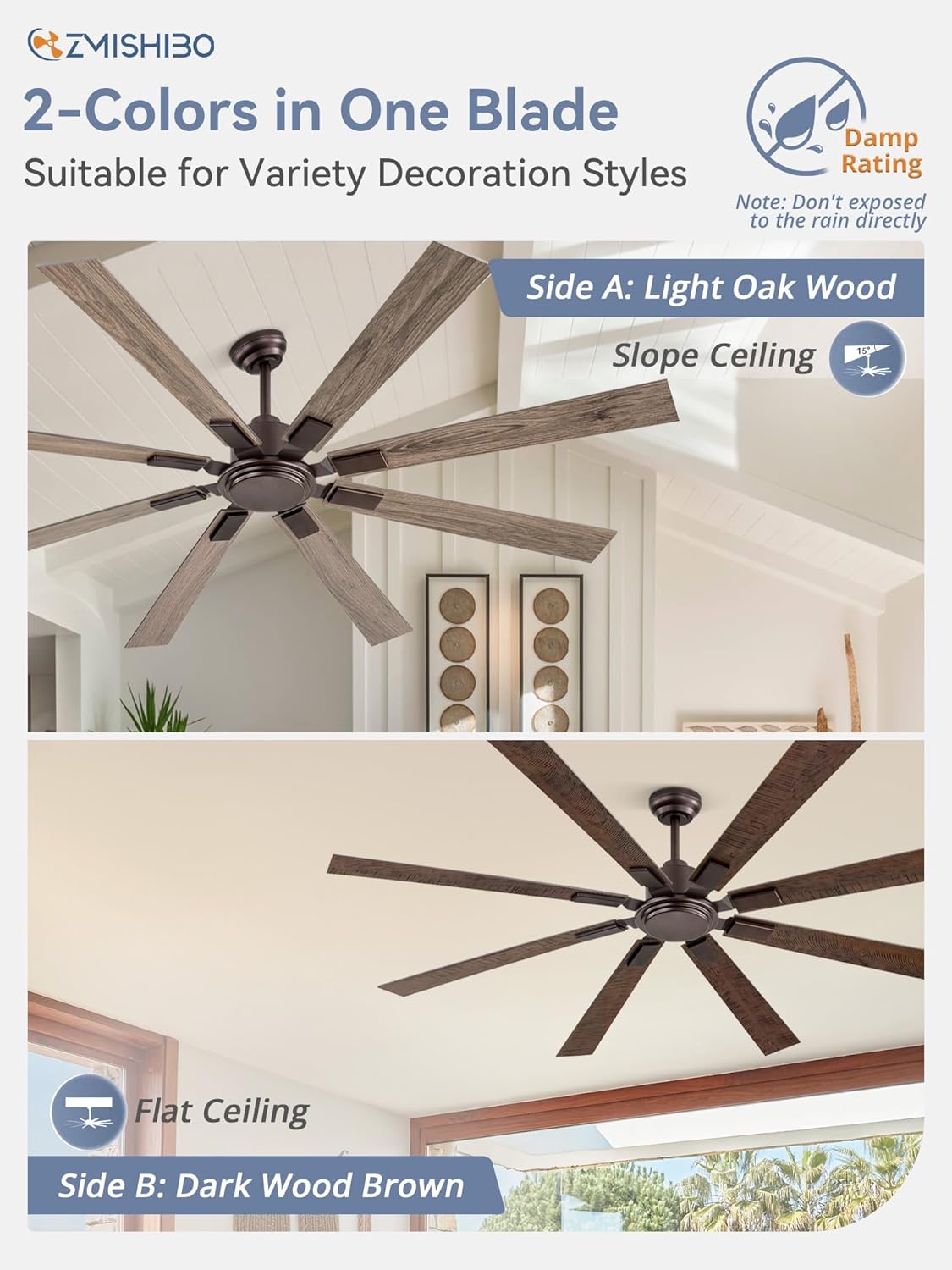 ZMISHIBO 72 Inch Ceiling Fan No Light with Remote, 6-Speeds | 6 Speeds Quiet Reversible DC Motor, Large Ceiling Fan Without Light, Indoor/Outdoor Ceiling Fans for Living Room Patios