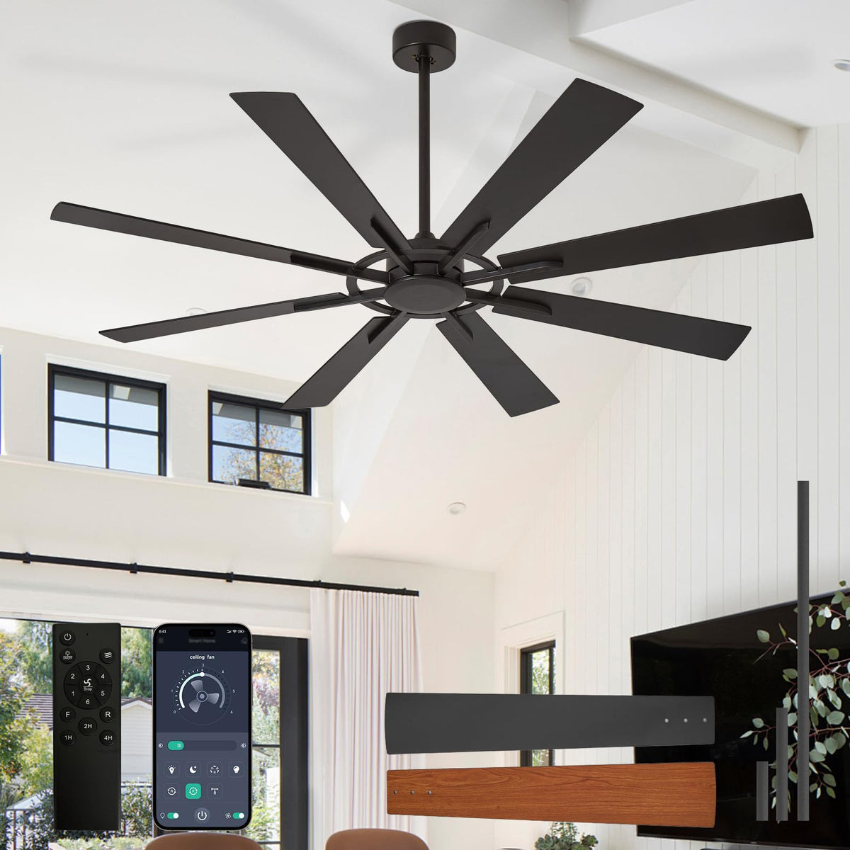 Large Ceiling Fans with Lights: Modern 72 Inch 8 Blade Outdoor Ceiling Fan with Remote APP Control - Dimmable Black Big Fan Light Indoor Reversible 6 Speed Quiet DC Motor