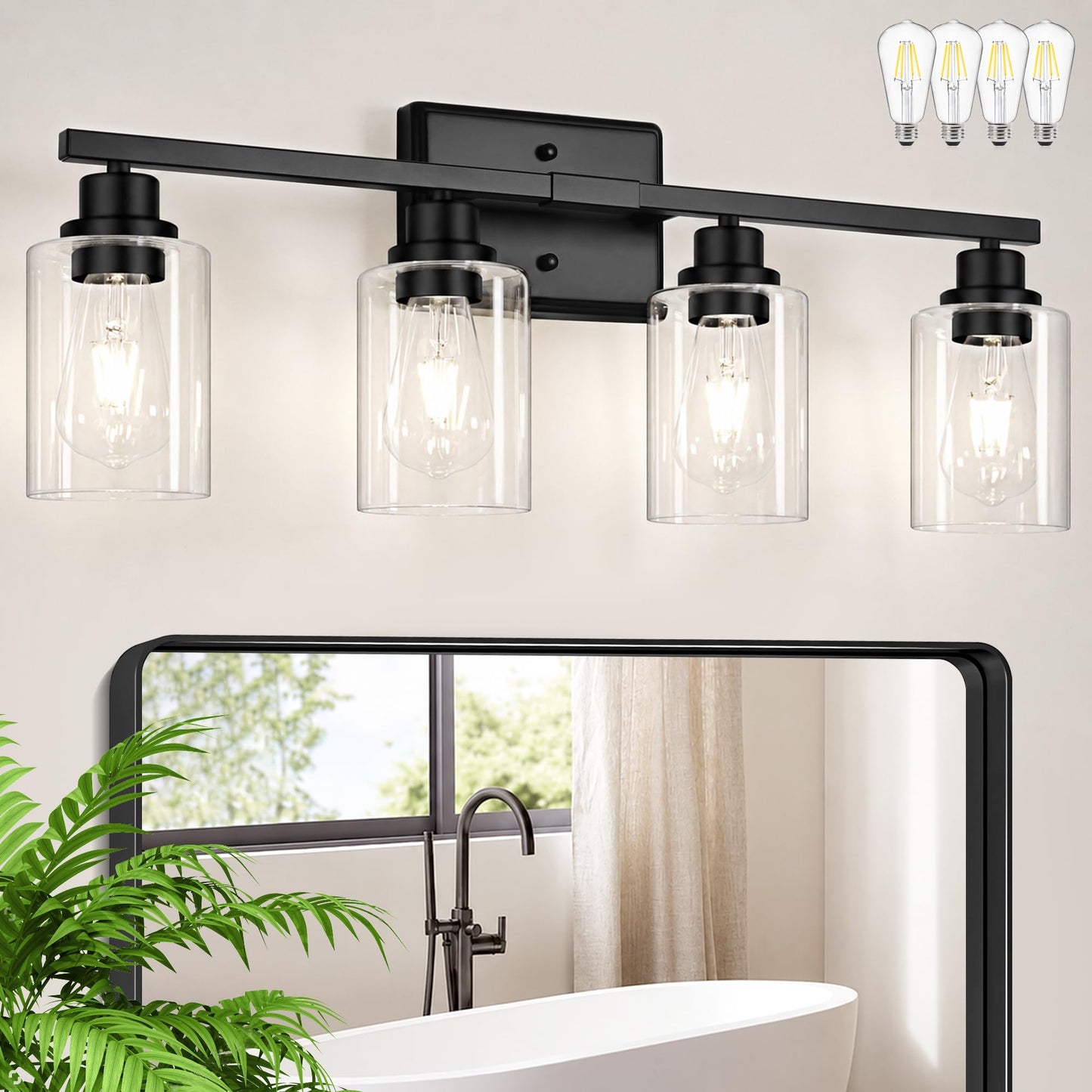 Modern Bathroom Light Fixtures, 4 Light Vanity Lights Over Mirror, Black Wall Lamp with Clear Glass for Living Room Cabinet Bedroom Porch