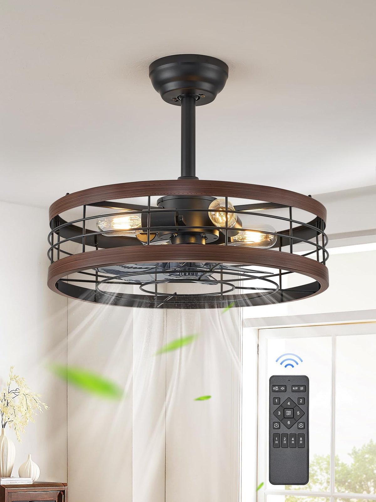 LEDIARY 20 inch Fandelier Caged Ceiling Fan with Light and Remote, Black | 6 Speed Adjustable,Timing, Quiet & Powerful DC, Small, Farmhouse, Industrial, Enclosed, Bladeless, Bedroom, Kitchen, Downrod