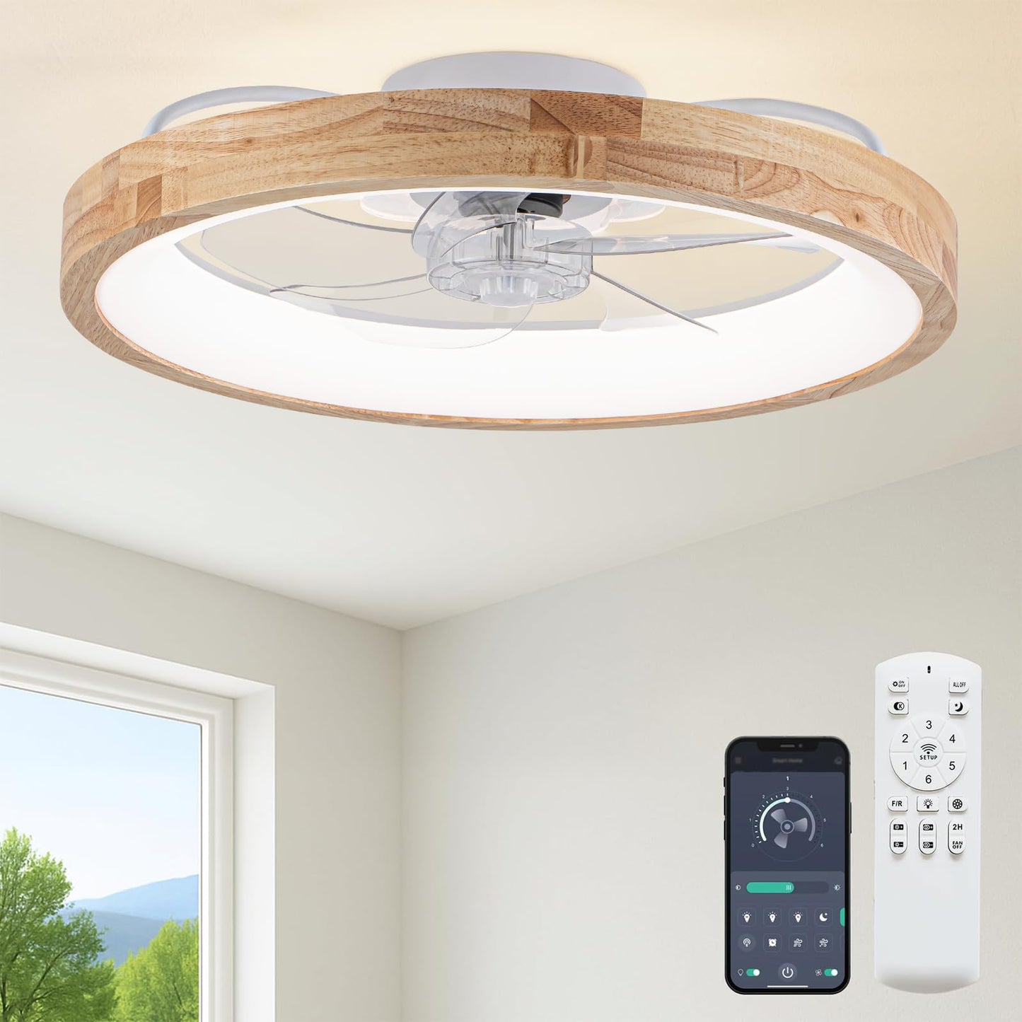 Fszdorj 20'' Ceiling Fan with Light and Remote,White Low Profile Fandelier | 3-Color Night Light, 3000-6500K Dimmable LED, Flush Mount, Remote & App, 6 Speeds & Reverse, Memory, Timer, Quiet Bedroom Fan