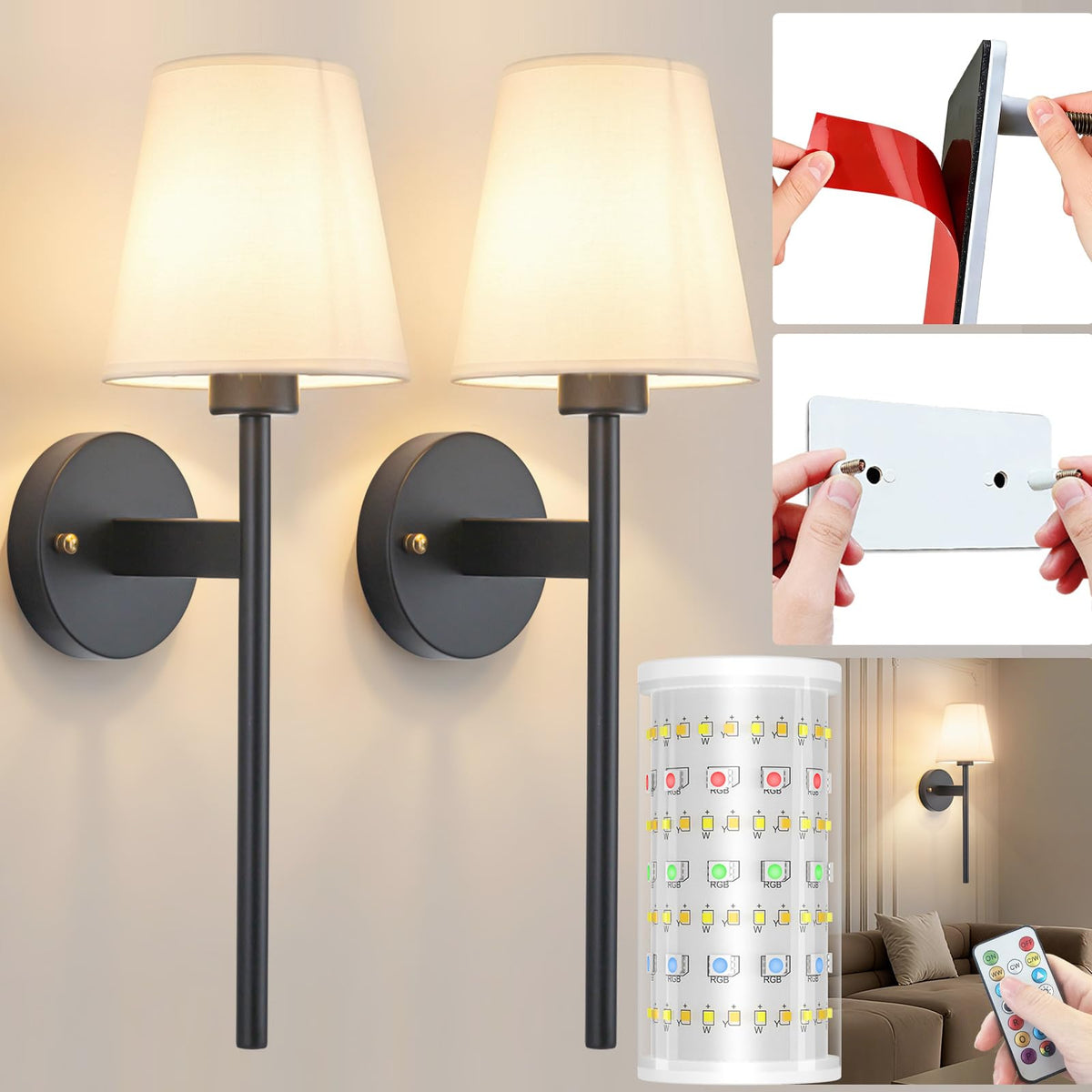 Nekhung Battery Operated Wall Sconce, Peel and Stick Sconces Set of 2 | Wireless Adhesive Stick On Wall Sconce, 10000mAh Rechargeable RGB Bulb with Remote, No Drill Wall Light for Bedroom Decor