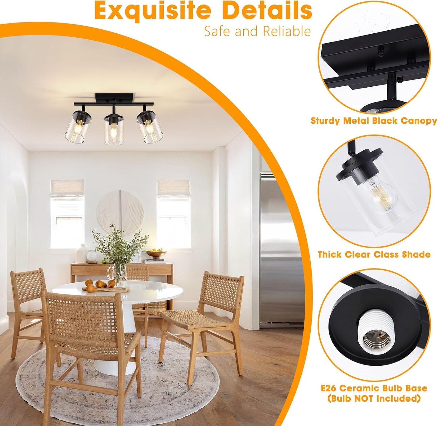 FadimiKoo 3-Lights Semi Flush Mount Ceiling Light, Adjustable Kitchen Light Fixtures Ceiling Mount with Clear Glass Shades, Rotatable Black Track Lighting Fixtures for Hallway, Foyer, Bedroom