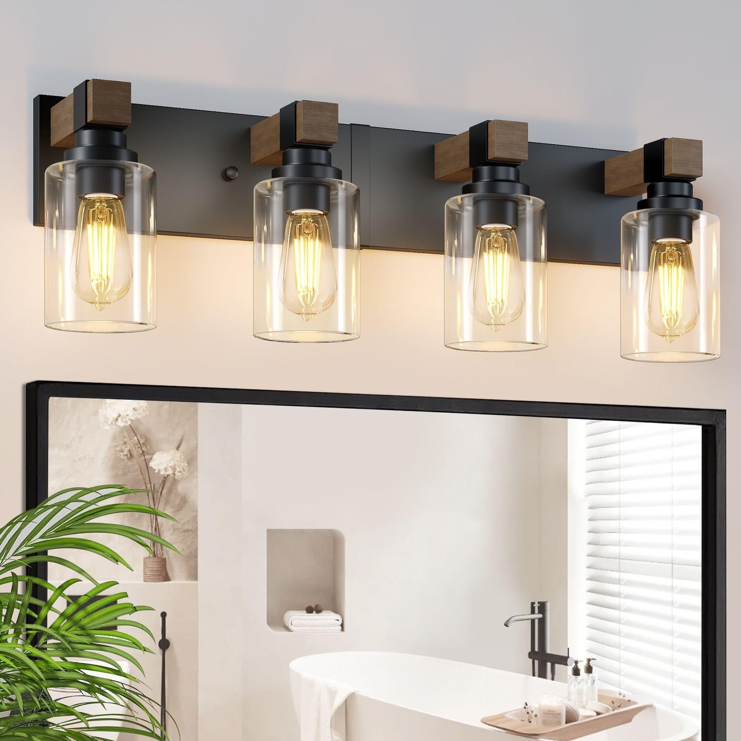 Farmhouse 3-Light Bathroom Vanity Light Fixtures, Black and Wood | 18.8″ Rustic Matte Black Metal Frame, Clear Glass Shades, Vintage Wall Sconces Lighting Over Mirror, for Bathroom Restroom
