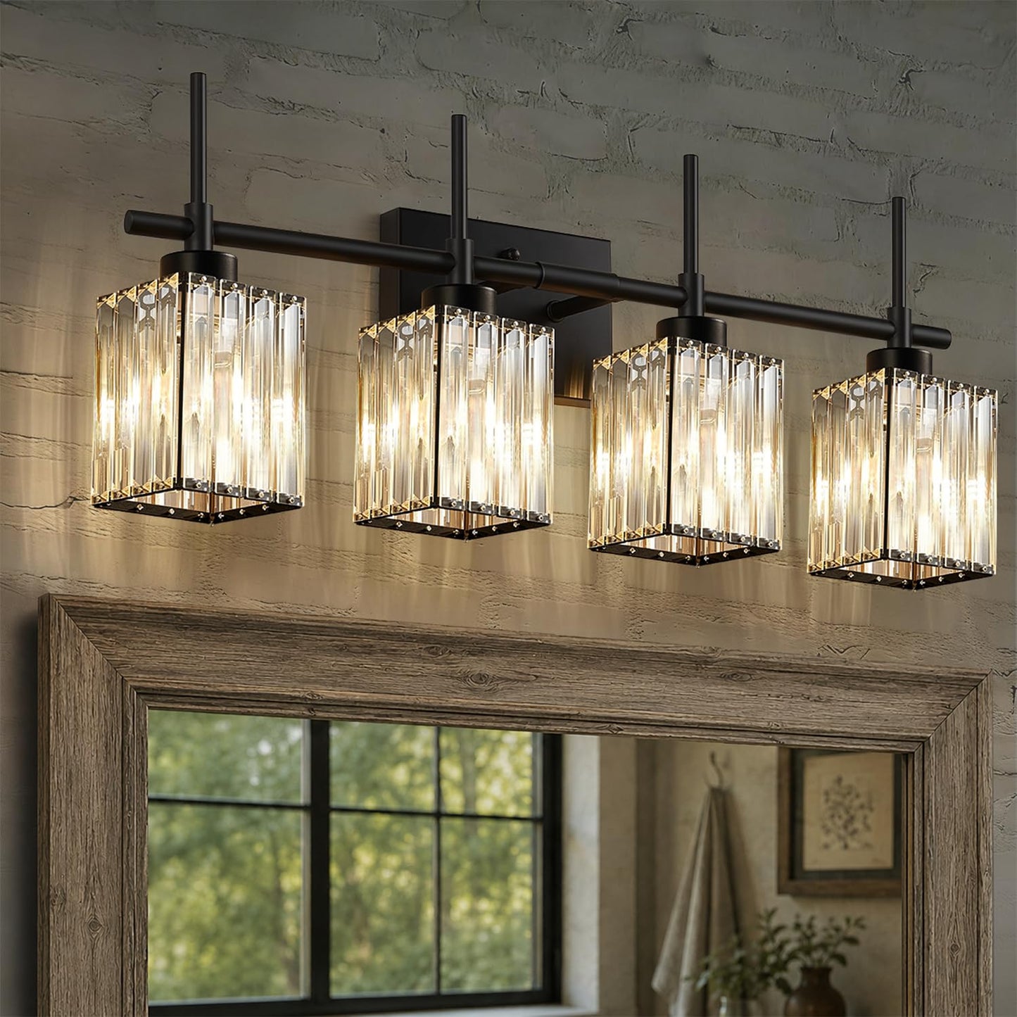 Torondo Modern Crystal Bathroom Vanity Light 4-Lights Gold Bathroom Light Fixtures Over Mirror Black and Gold Vanity Lighting Fixtures Gold Square Shade Brass Wall Sconce (Bulbs Not Include)