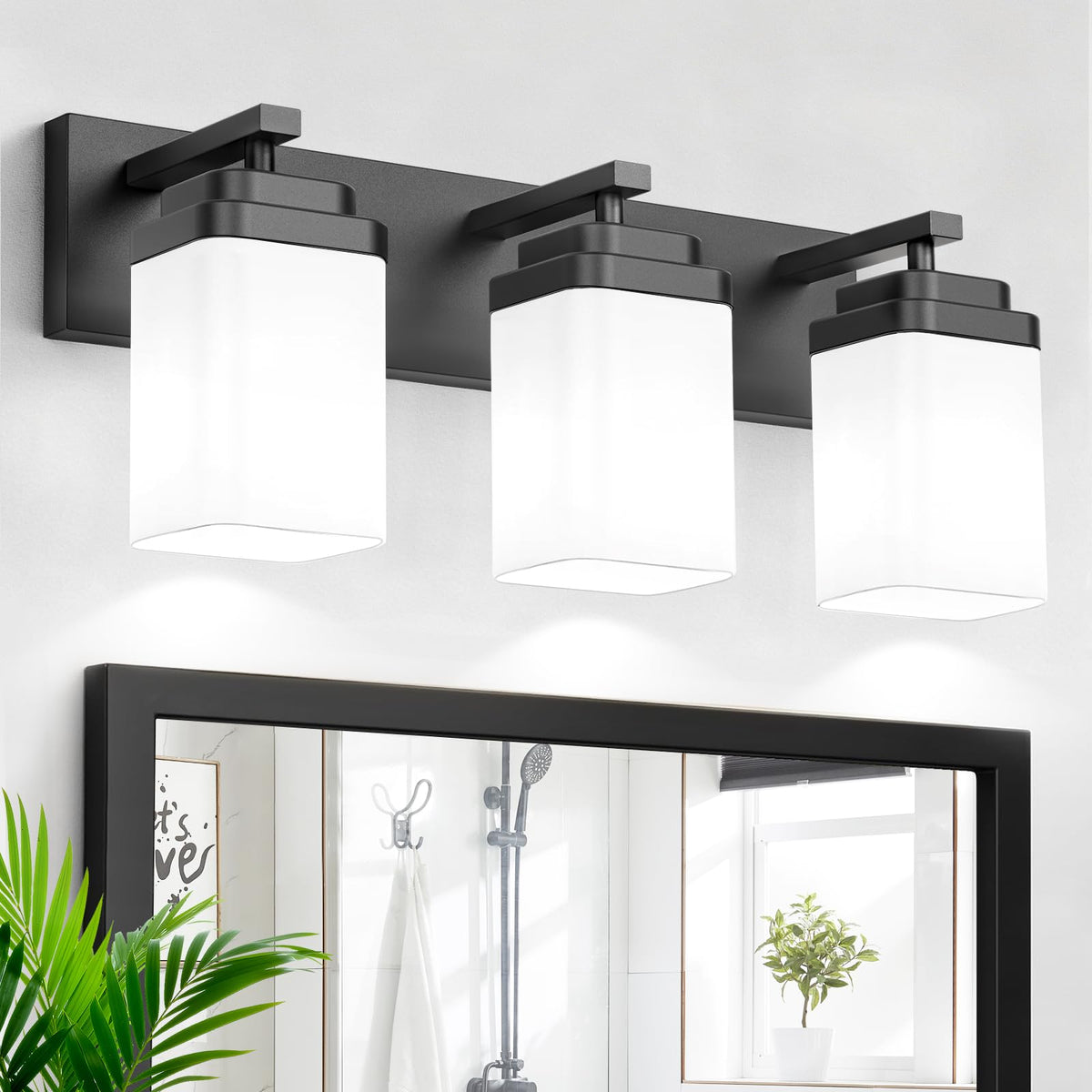 Black Bathroom Light Fixtures, 3 Lights Bathroom Lighting Fixtures Over Mirror, Square Design & Rectangle Large Backplate, Modern Vanity Lighting Fixtures, for Bathroom/Living Room/Bedroom